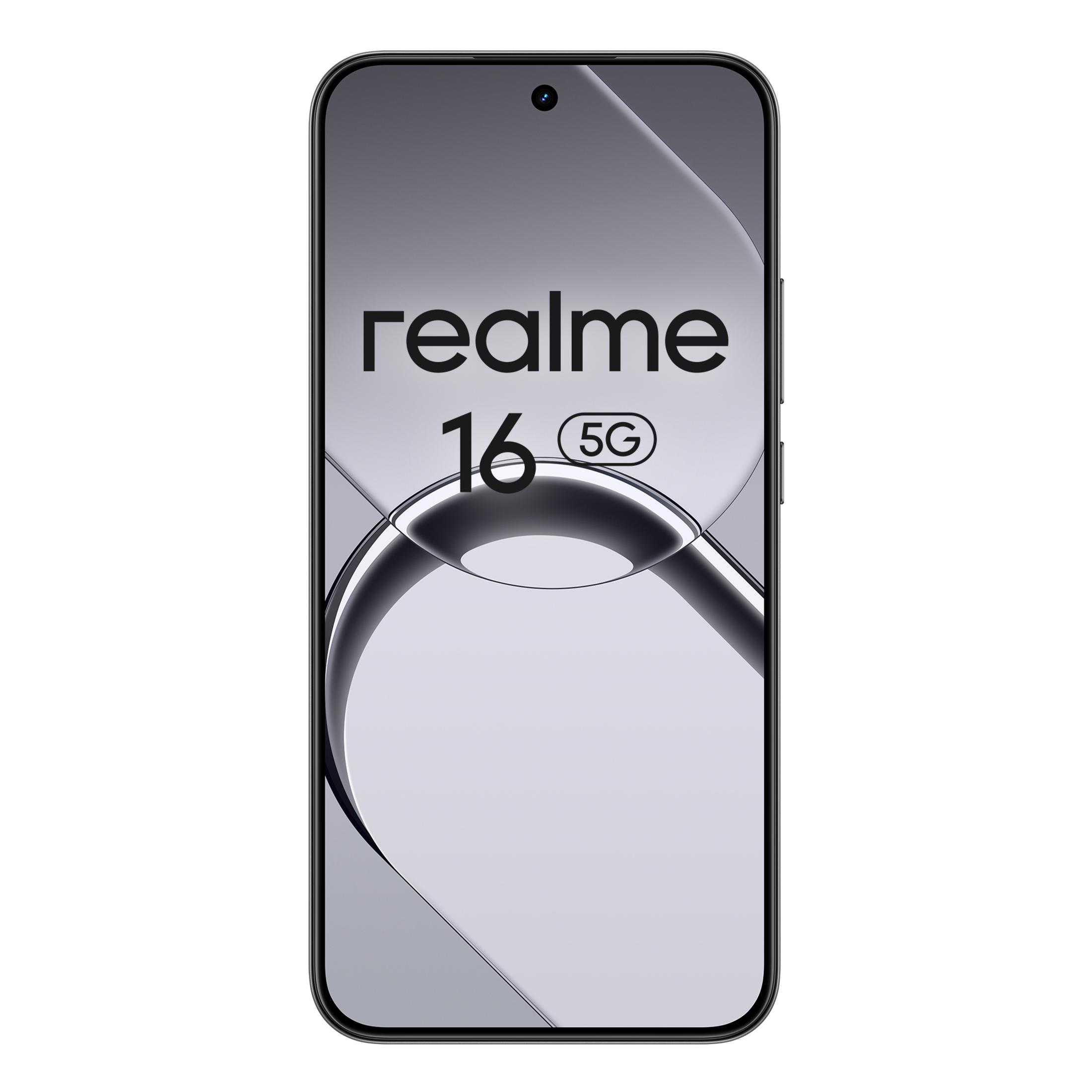 Un moderno smartphone Realme 16 5G su sfondo grigio.