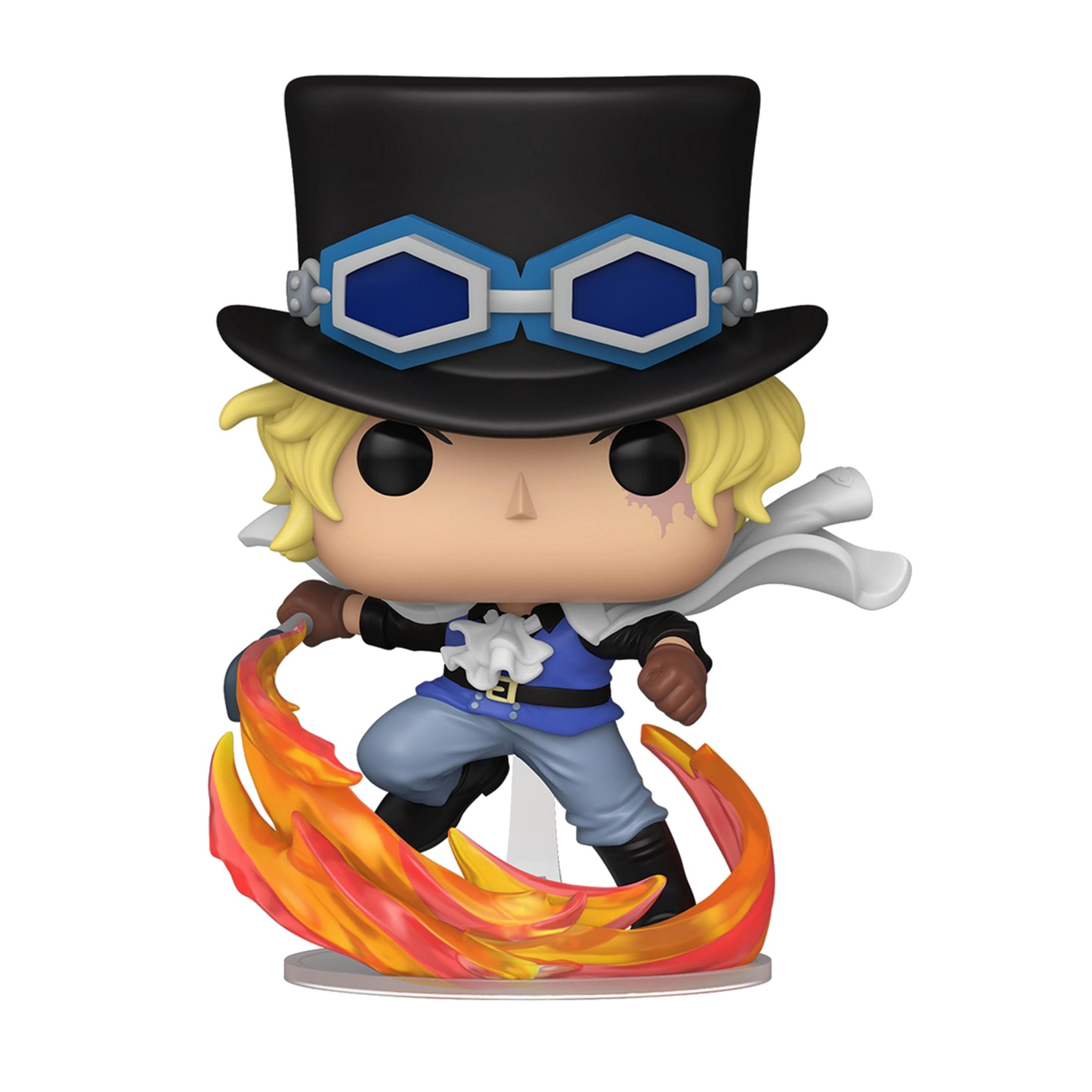 Ein Funko Pop von Sabo mit schwarzem Zylinder, blauen Schutzbrillen und Flammen.