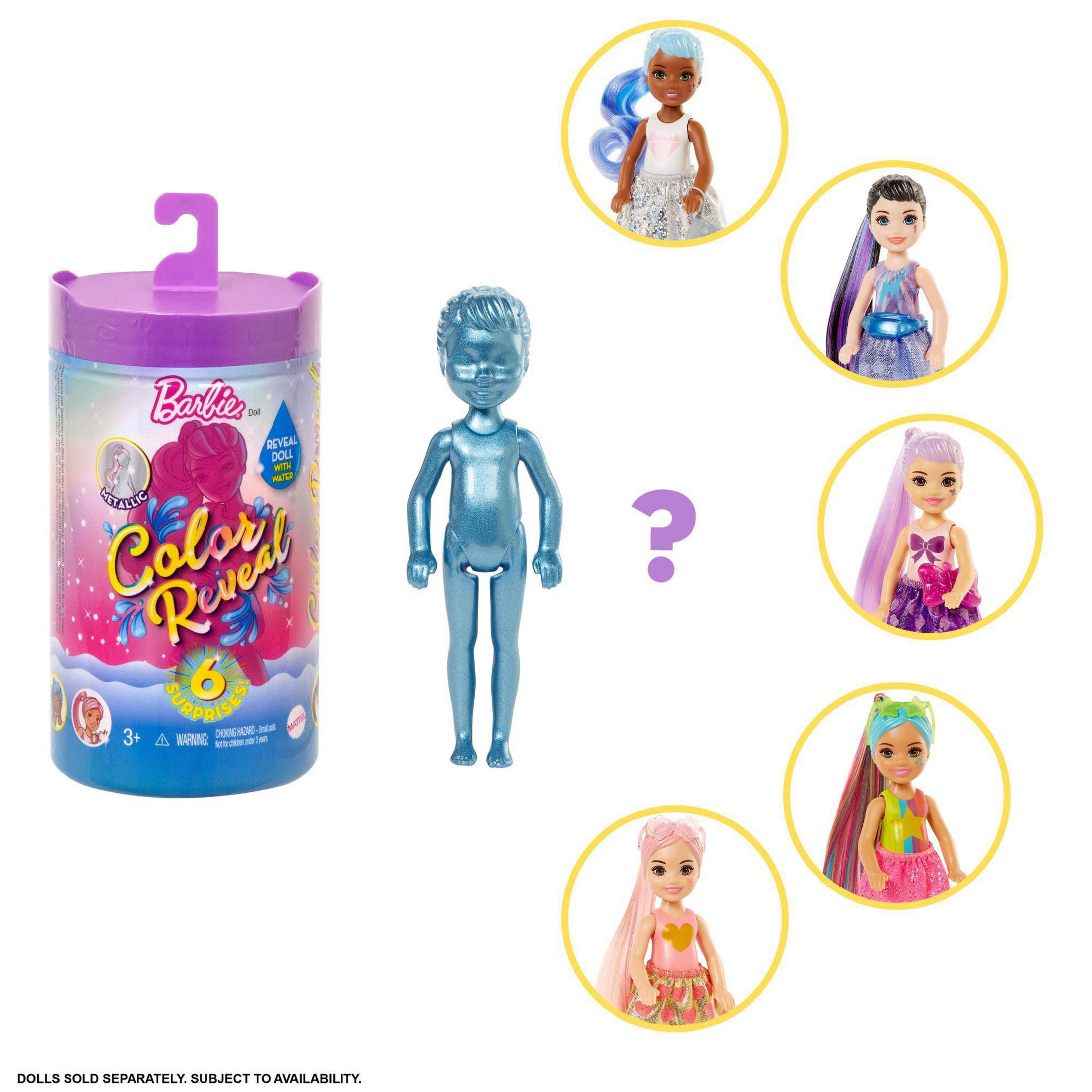 Ein blauer Barbie Color Reveal Bausatz mit einer blauen Puppe und 5 weiteren Puppen in Kreisen.