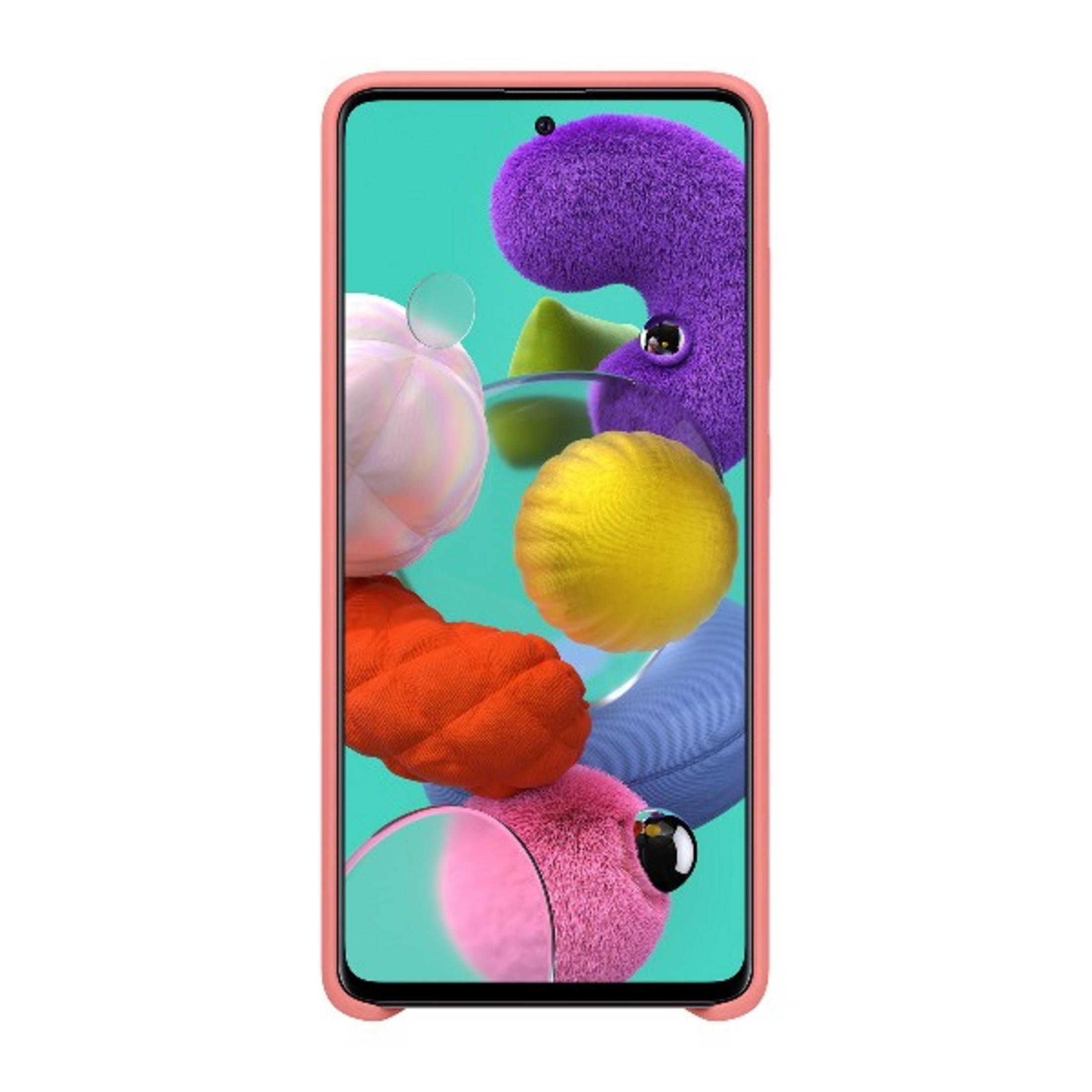 Uno smartphone in custodia corallo mostra uno sfondo astratto colorato.