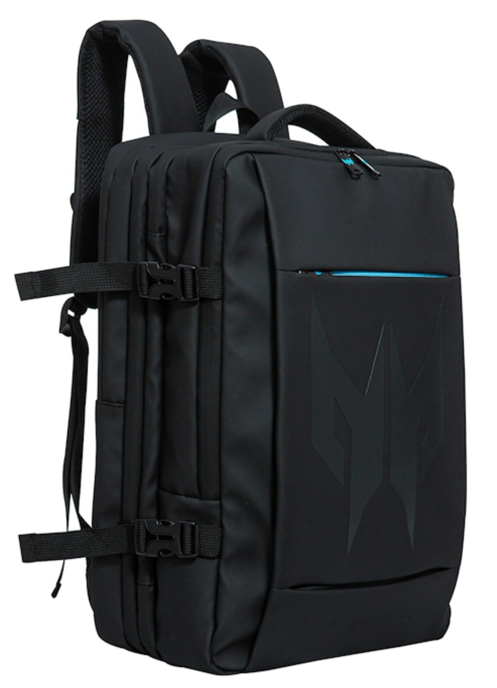 Mochila negra con logo y acentos azules, hebillas laterales.