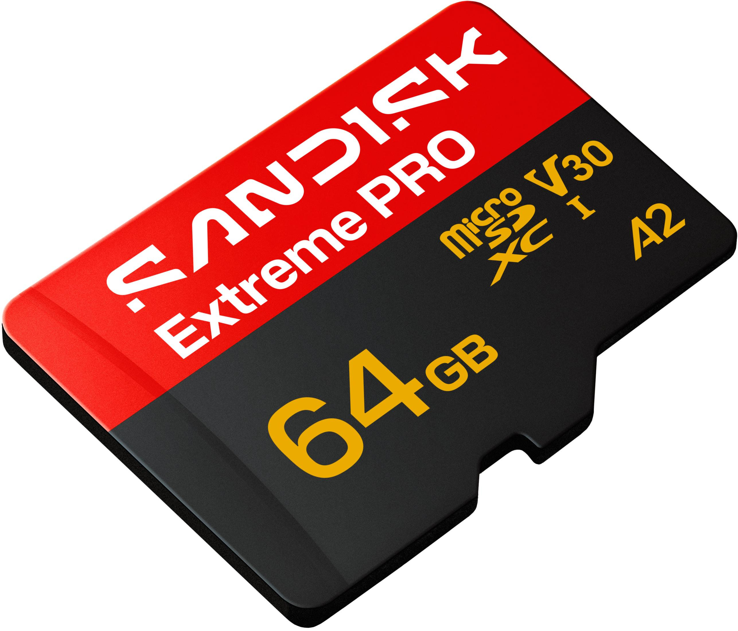 Carte microSD SanDisk Extreme Pro 64 Go rouge et noire avec détails textuels.