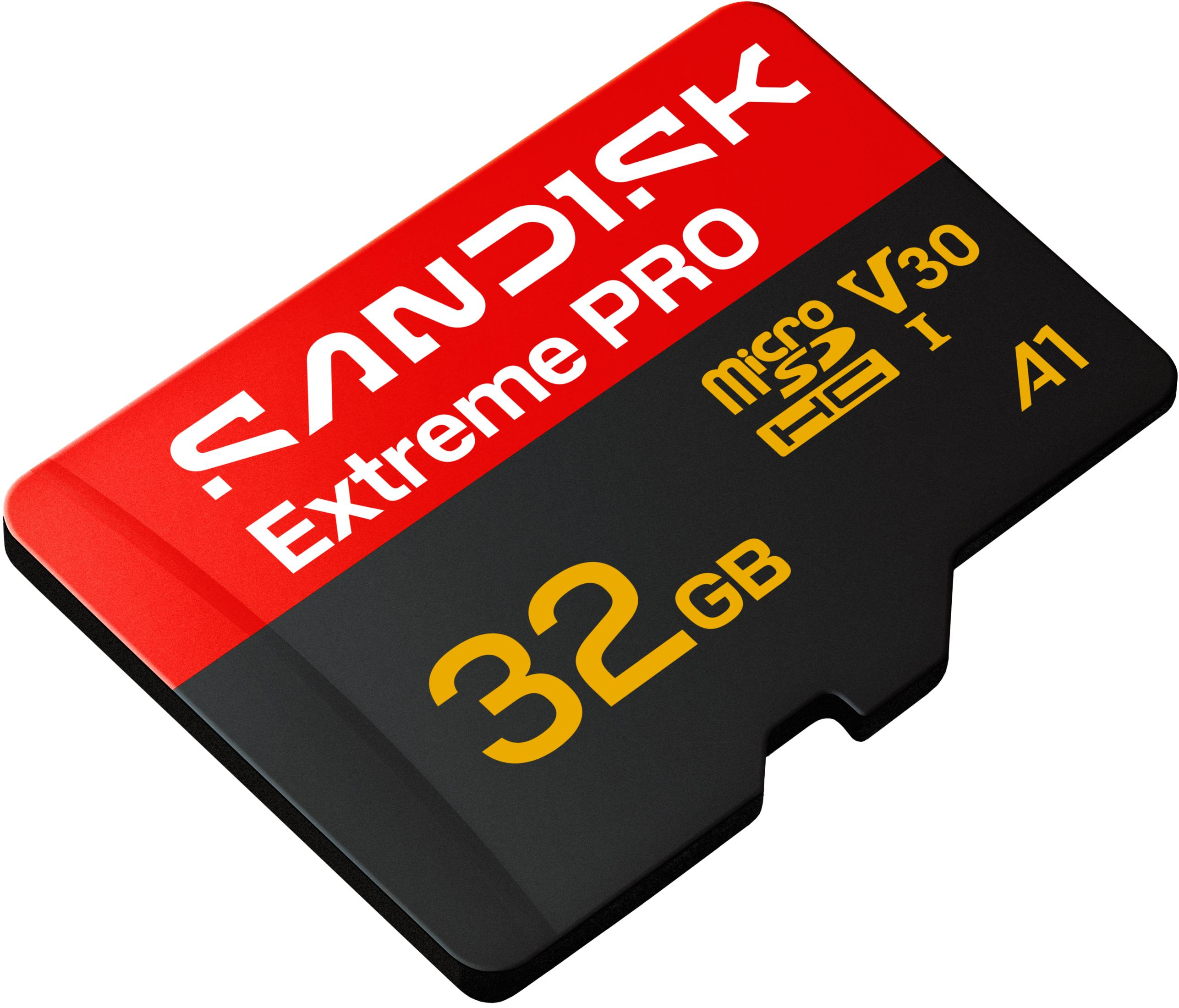 Carte microSD Sandisk Extreme Pro 32 Go avec texte blanc et jaune sur fond noir.