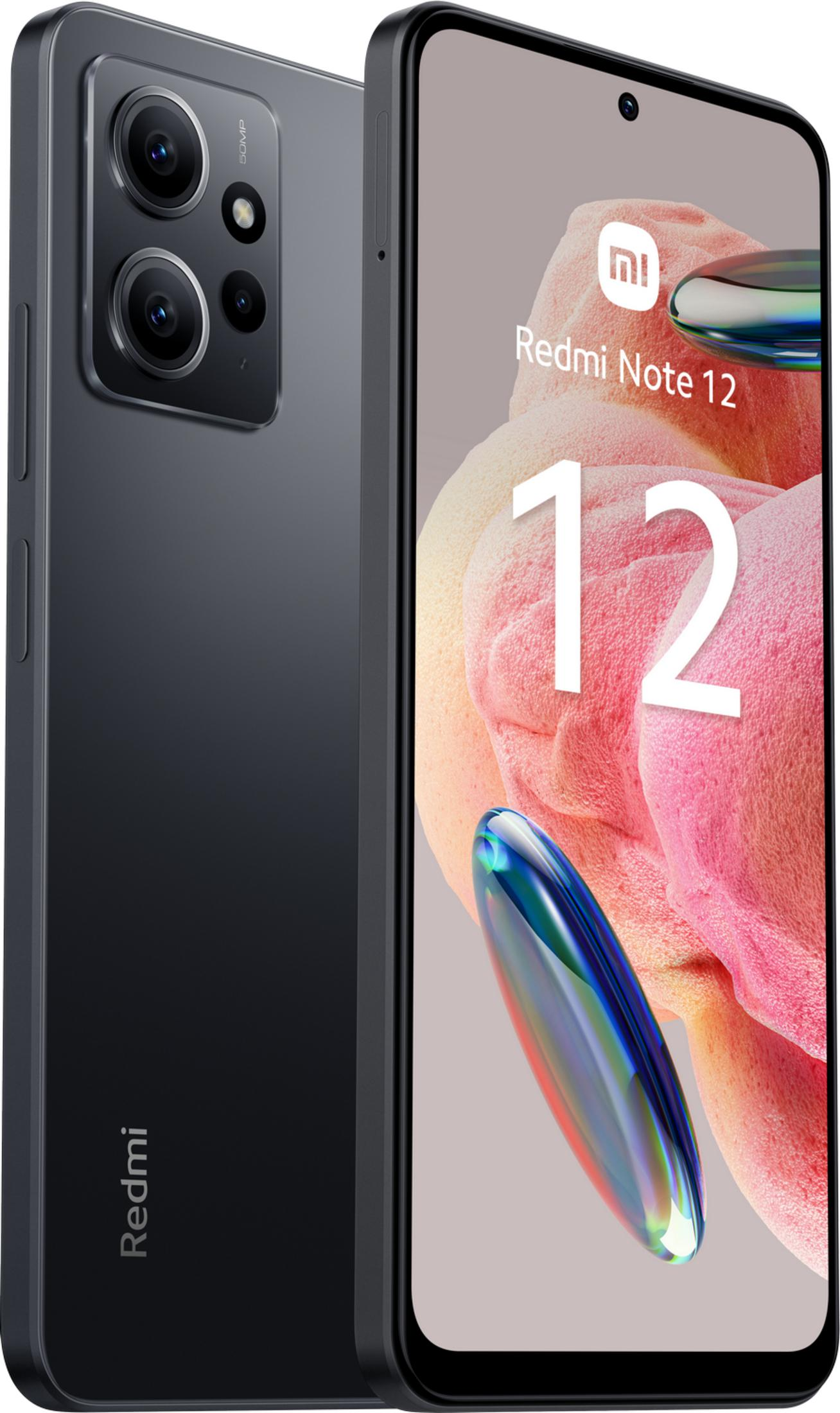 Dunkelgraues Smartphone mit dreifacher Kamera und Redmi Note 12 auf dem Bildschirm.