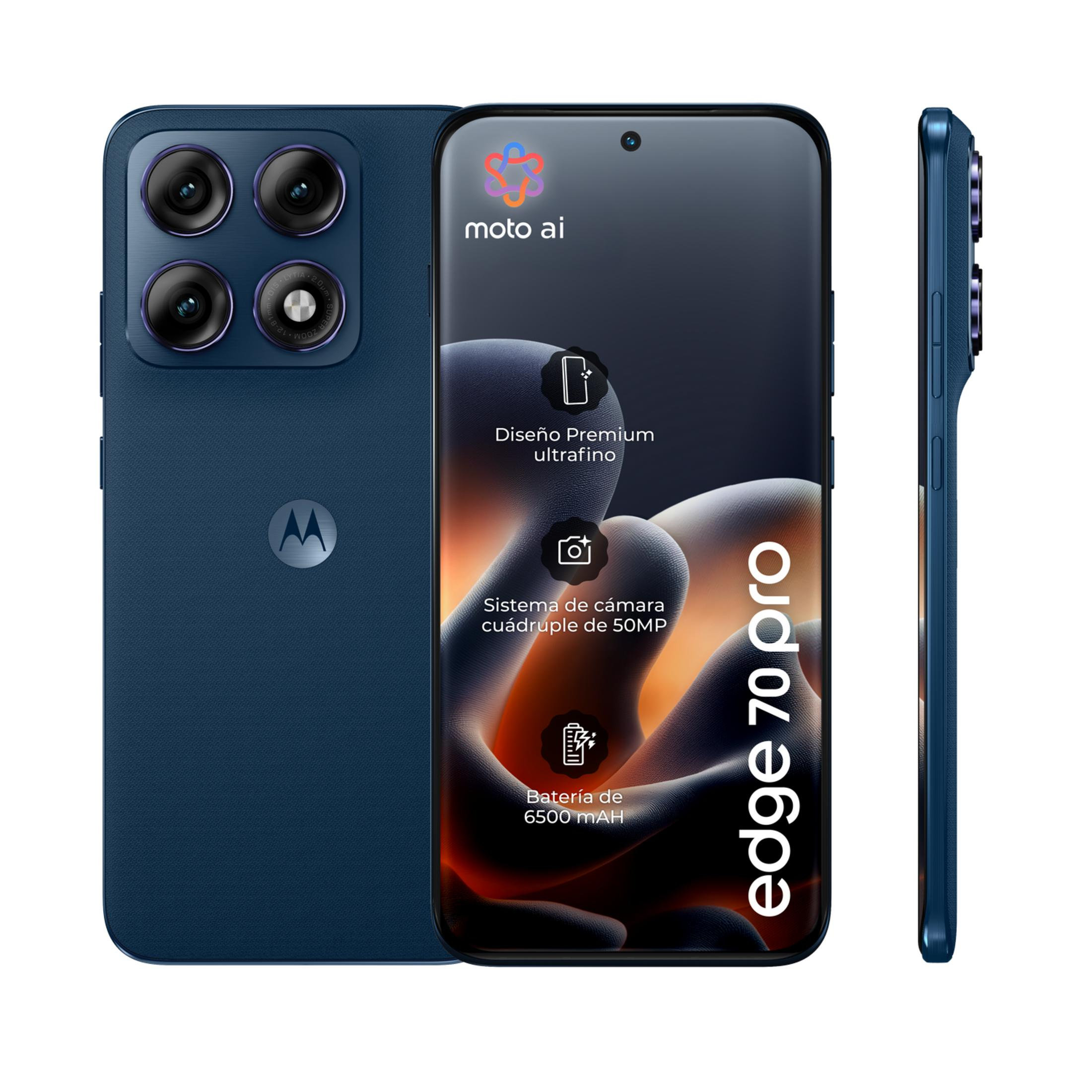 Un Motorola Edge 70 Pro blu con quattro fotocamere e testo sullo schermo.