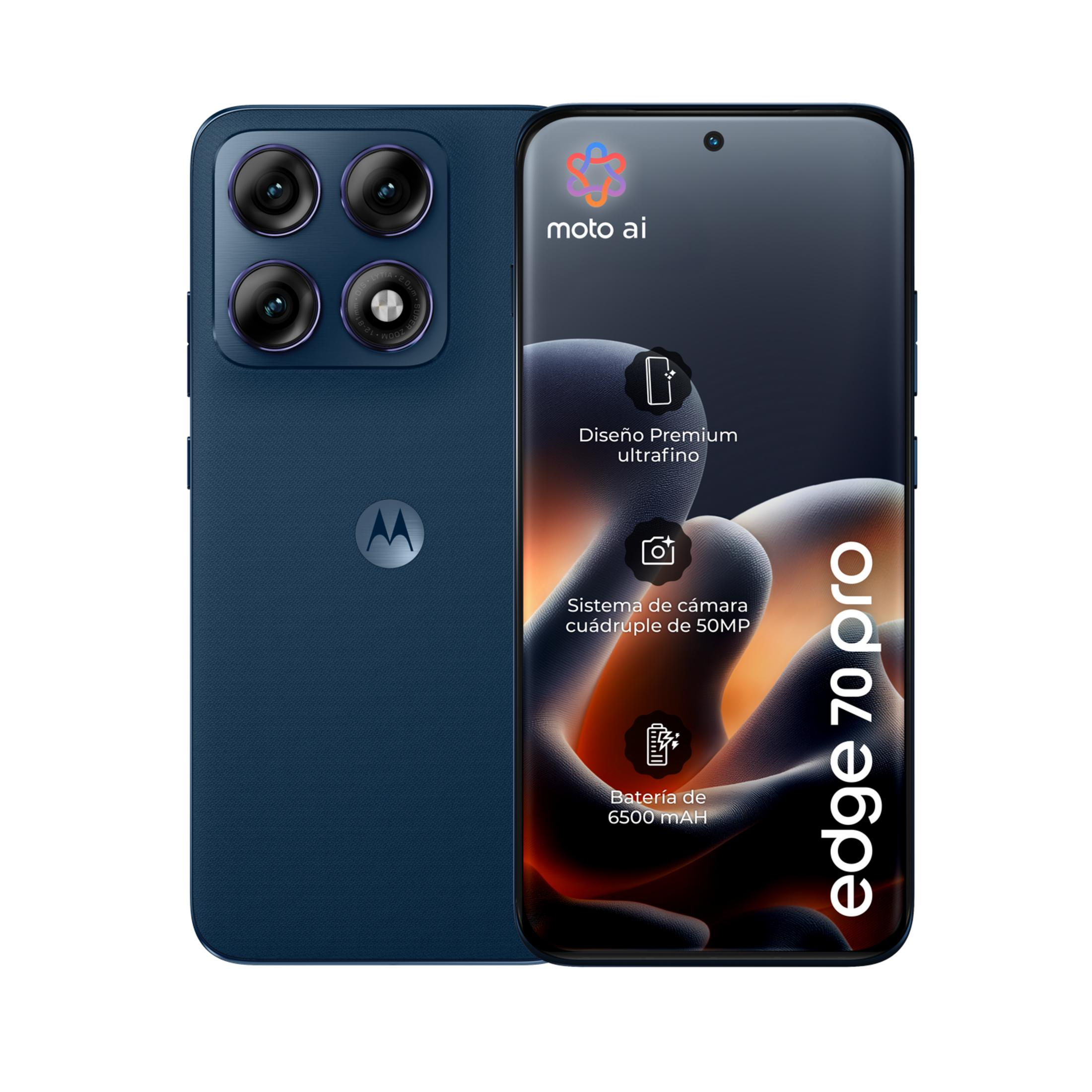 Motorola Edge 70 Pro blu scuro con quad camera da 50MP e batteria da 6500mAh.