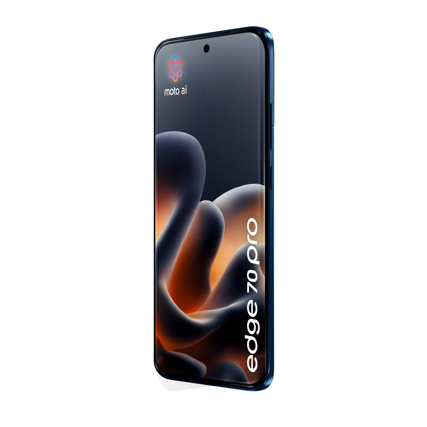 Uno smartphone Motorola Edge 70 Pro blu mostrato con uno sfondo astratto.