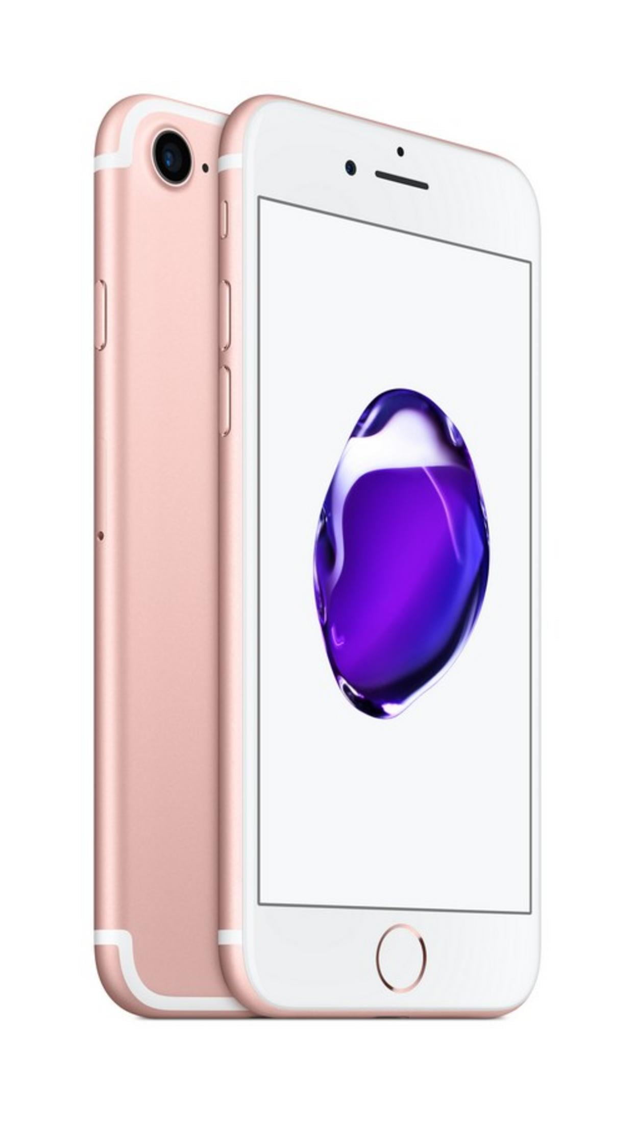 Due iPhone oro rosa uno accanto all'altro, uno con una goccia viola.