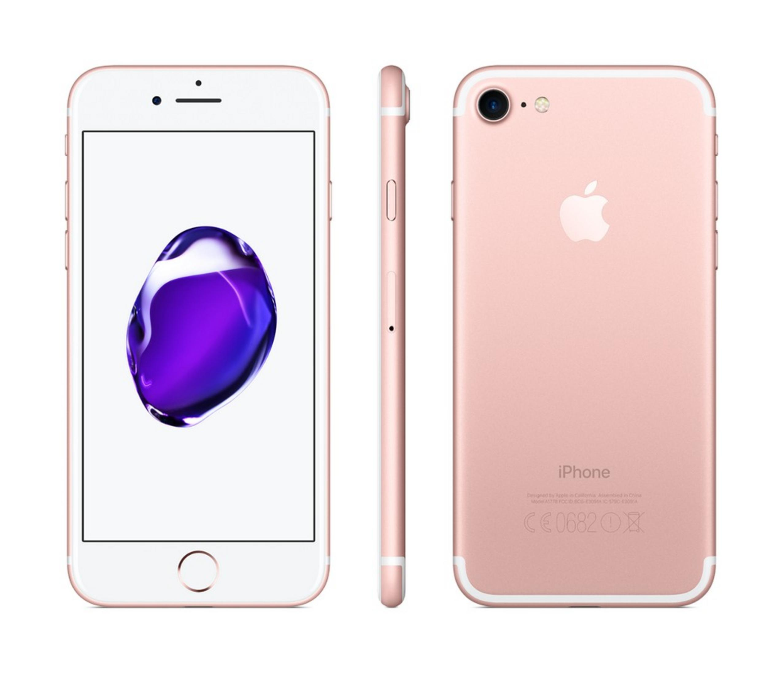 Un iPhone 7 oro rosa mostrato frontalmente, lateralmente e posteriormente.