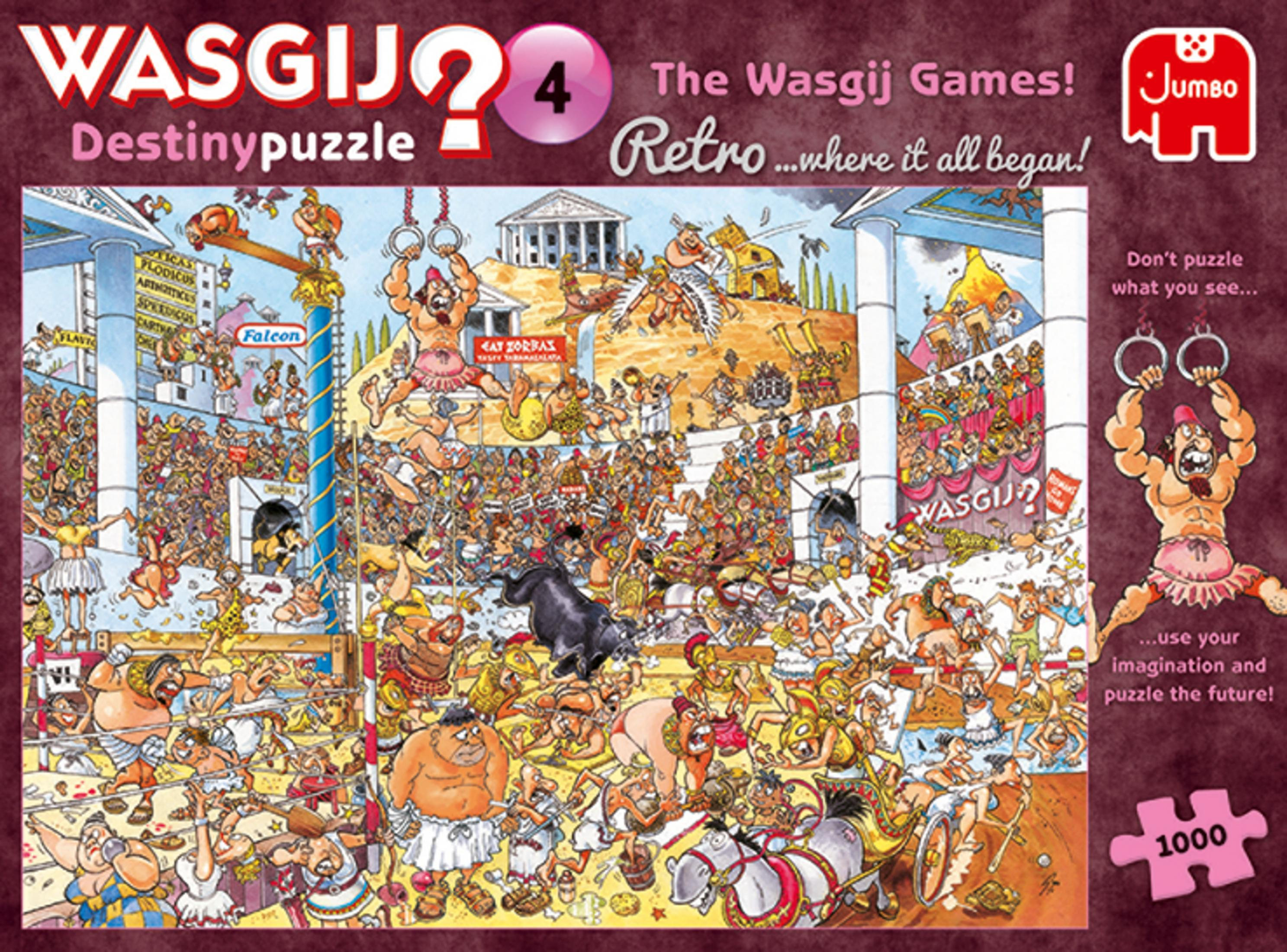Cartoon van een oude arena met veel mensen die deelnemen aan spellen.