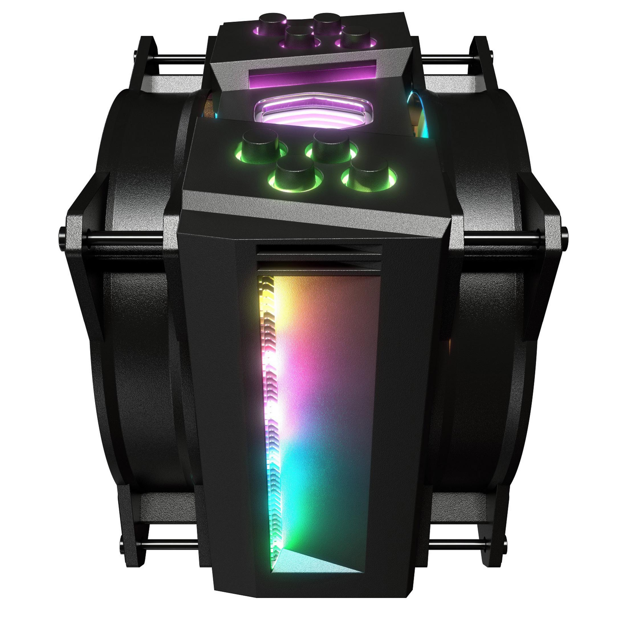 Una ventola per PC nera con illuminazione RGB e pulsanti.
