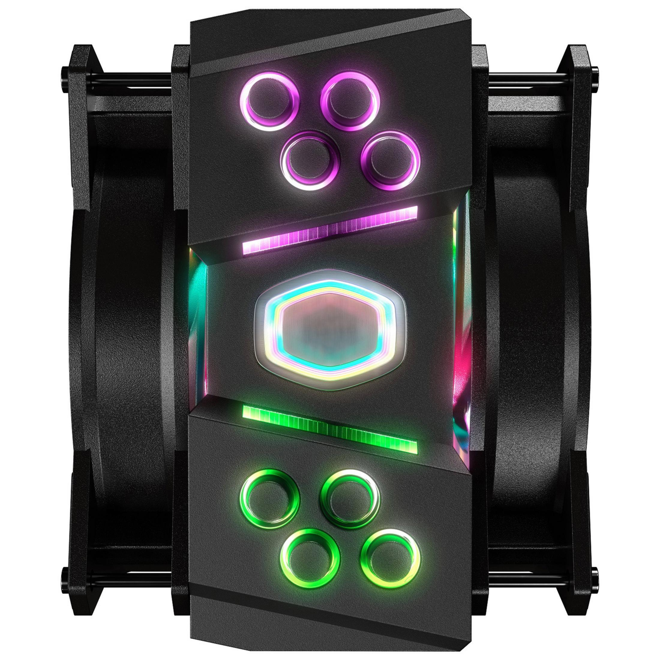 Dissipatore CPU nero con illuminazione RGB, ventole e logo centrale.