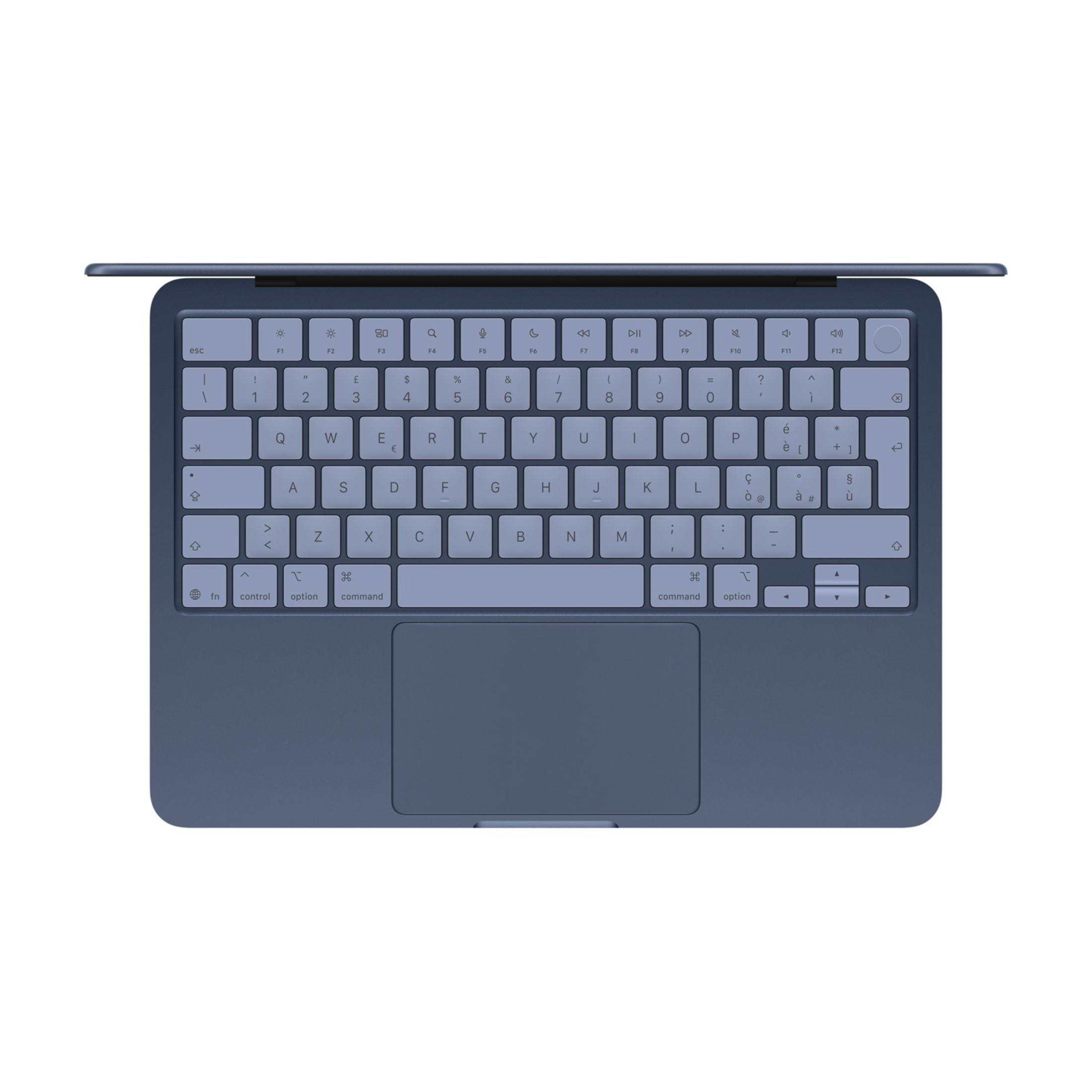 Un primo piano di una tastiera blu con un ampio trackpad.