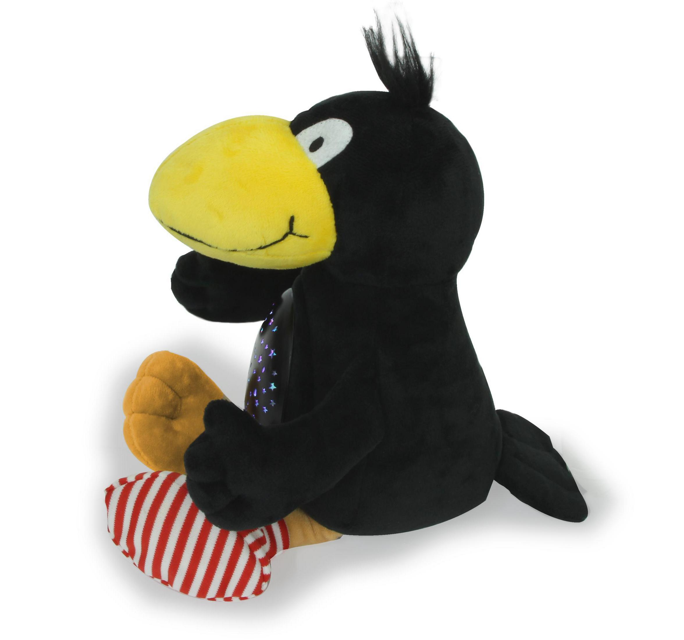 Ein schwarzer Stoffvogel mit gelbem Schnabel und roten Streifen.