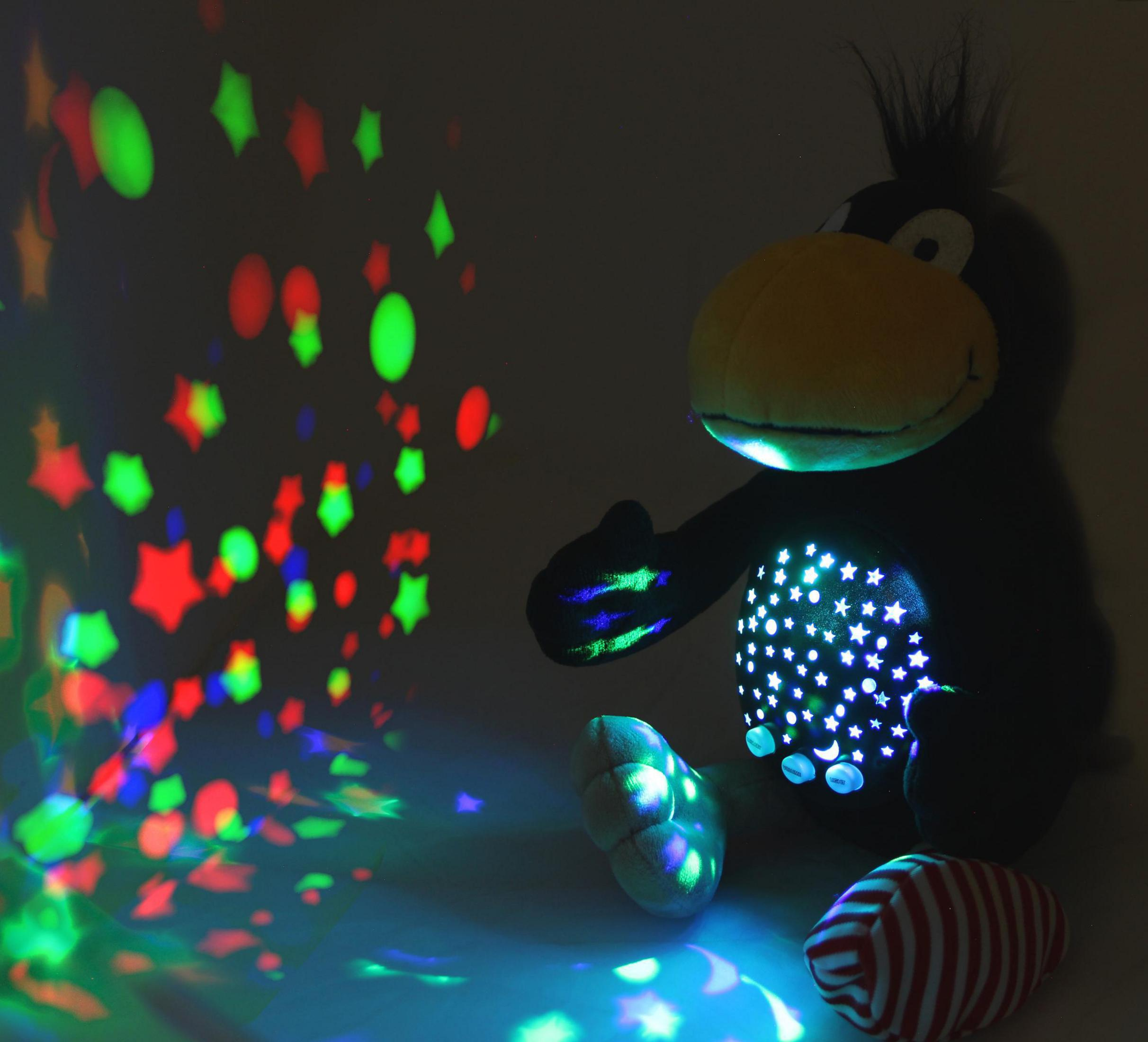 Ein Plüschtier-Rabe sitzt im Dunkeln, beleuchtet von Sternen und bunten Lichtern.