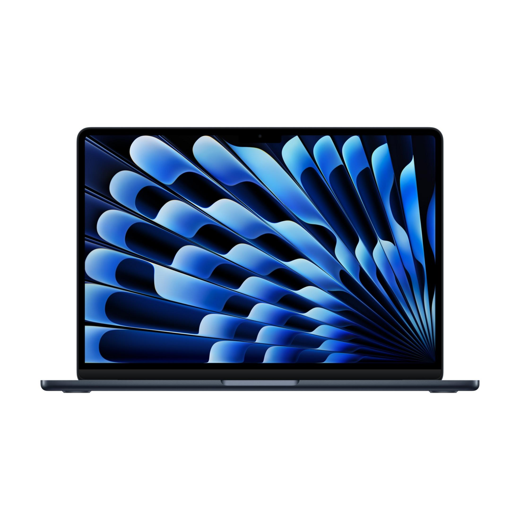 Un laptop scuro con uno sfondo blu a forma di ventaglio sullo schermo.