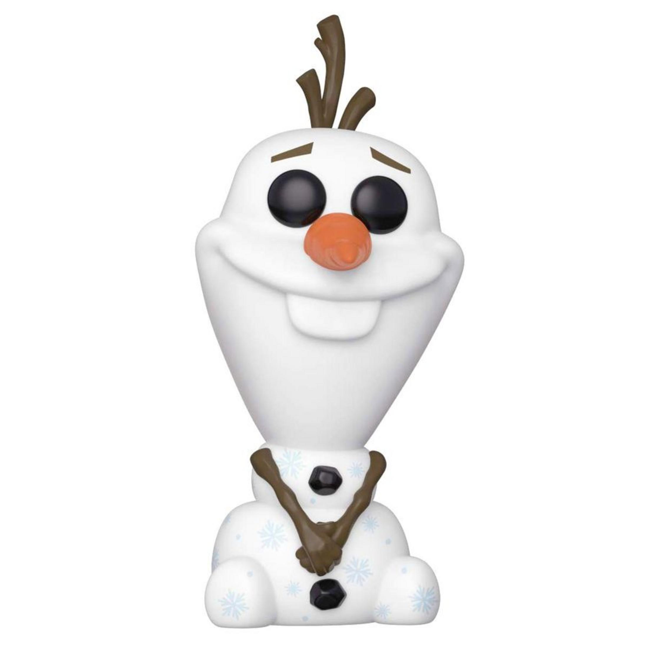 Olaf, der Schneemann, sitzt und lächelt mit seinen schwarzen Augen und Karottennase.