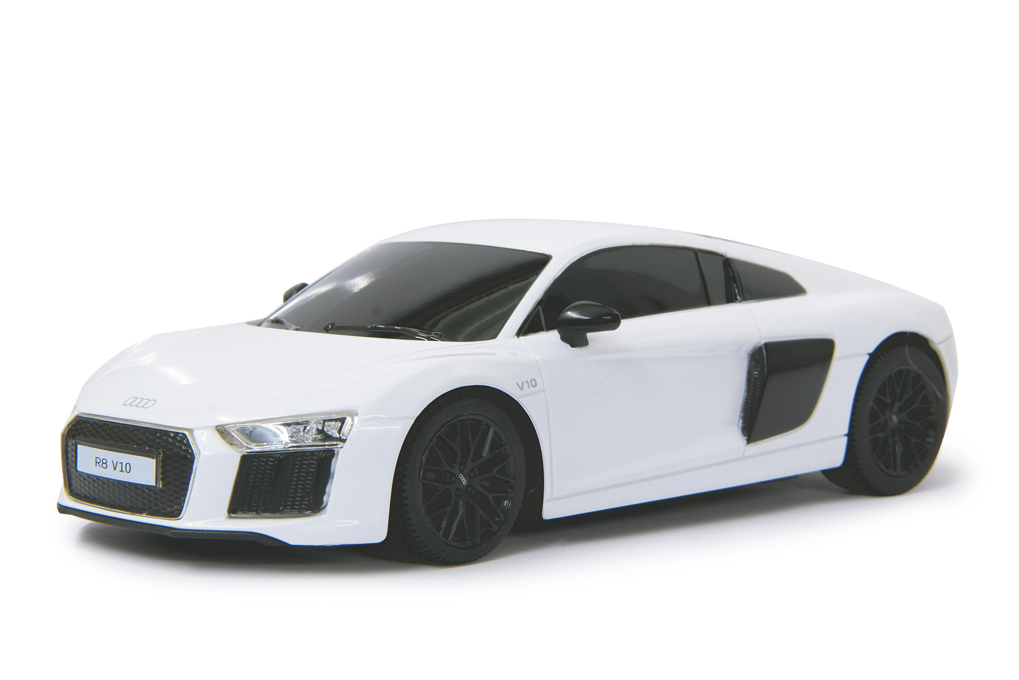 Ein weißes Audi R8 V10 Modellauto mit schwarzen Felgen.