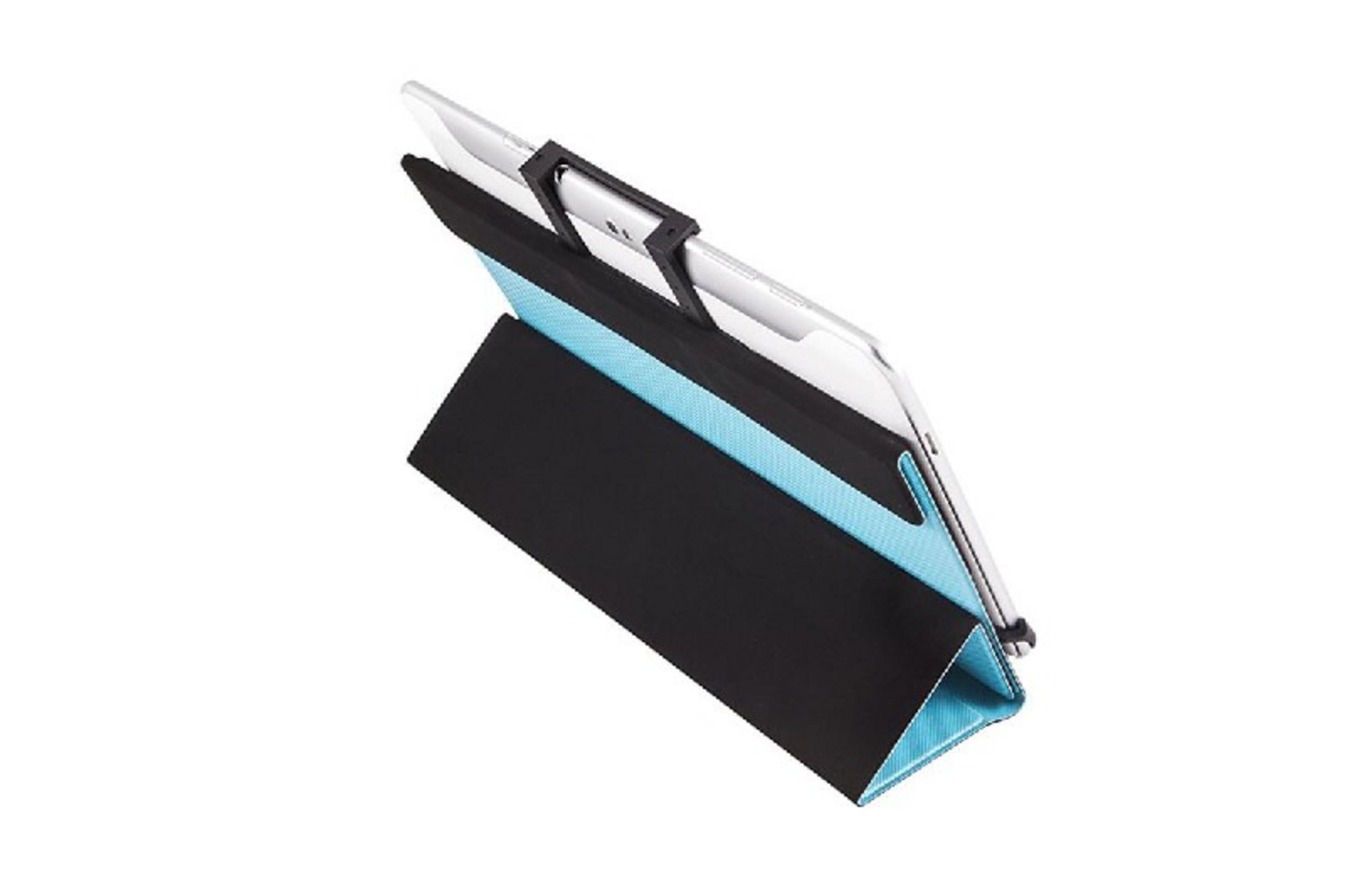 Una tableta en una funda negra y azul claro, sobre fondo blanco.