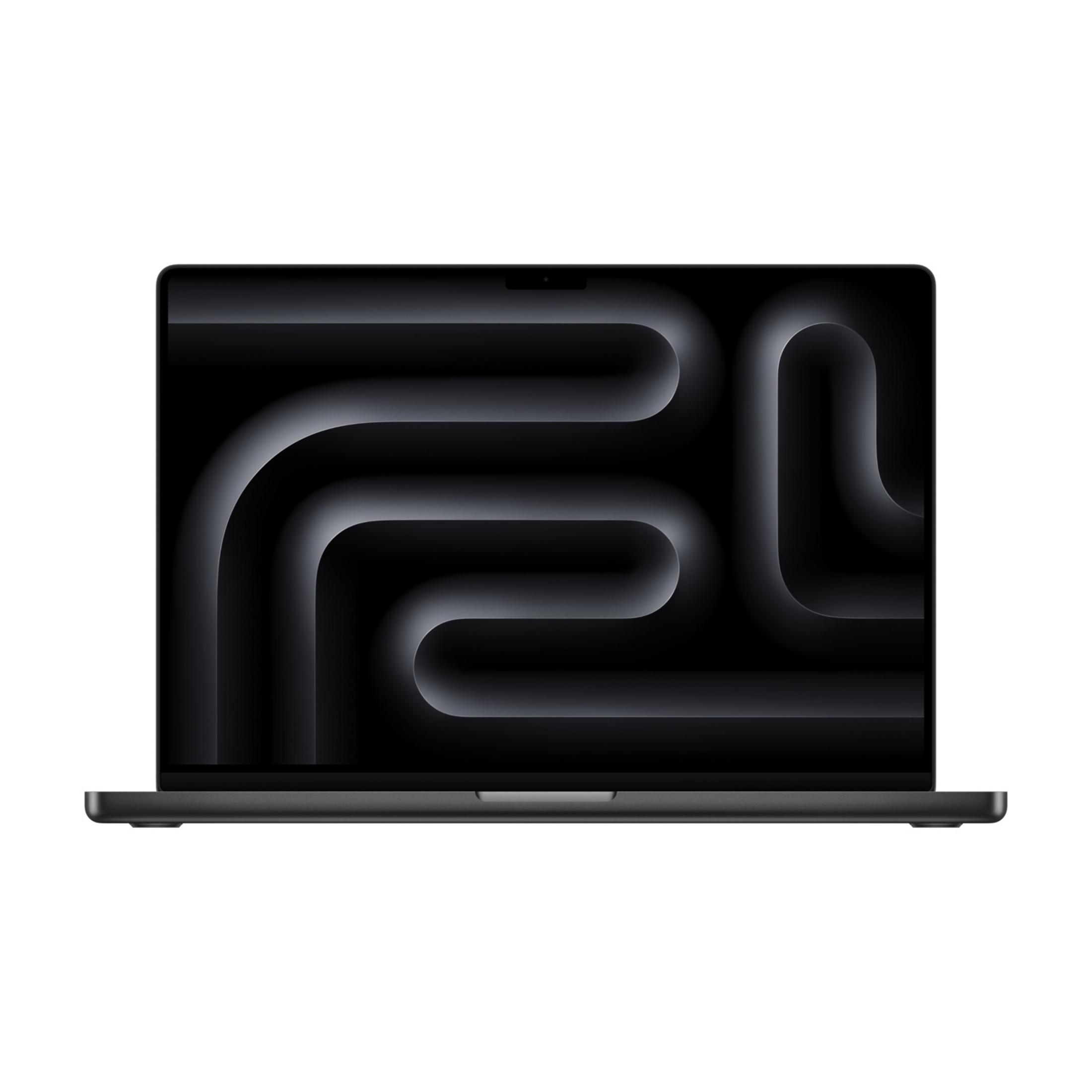 Otwarty laptop wyświetlający ciemne tło ze wzorem linii.