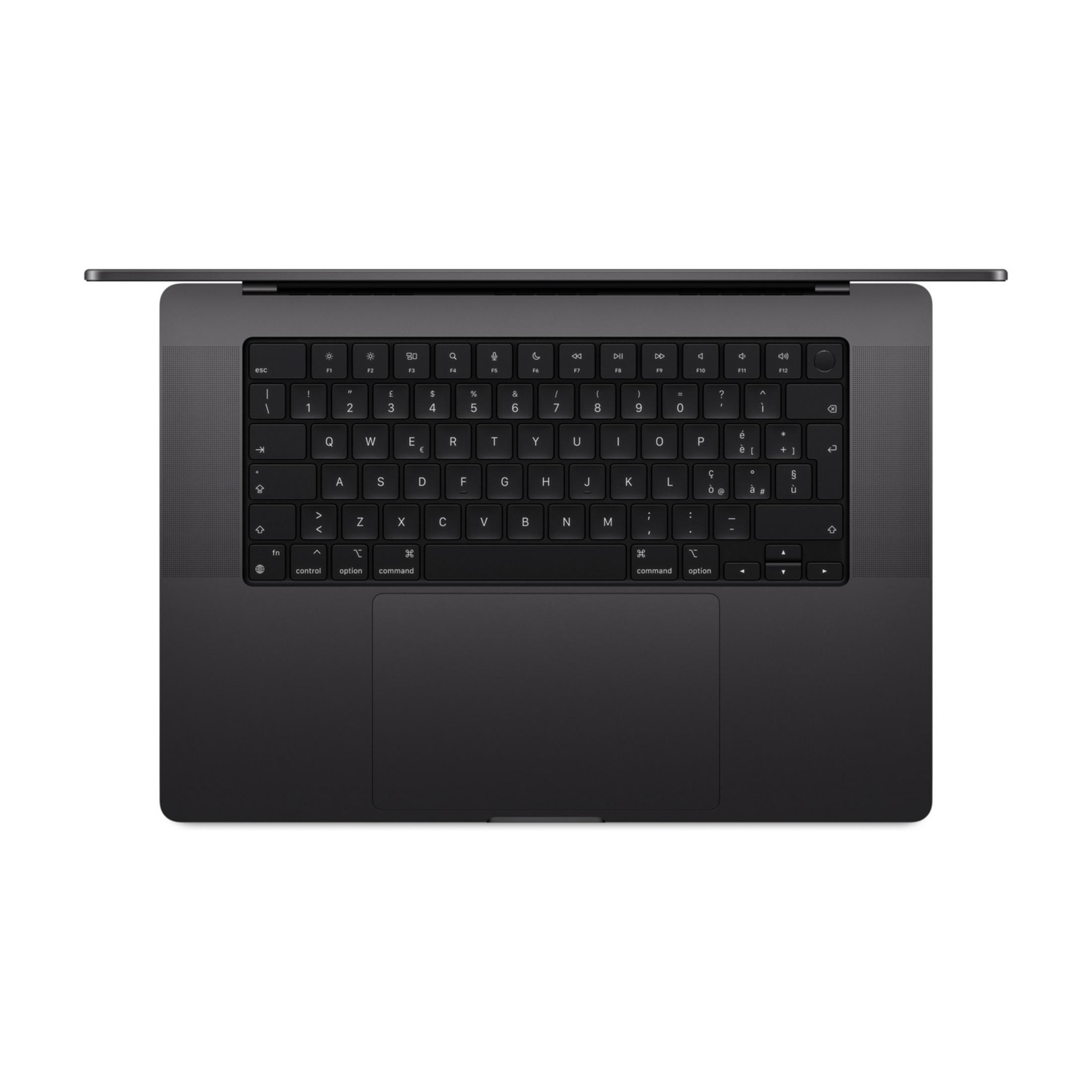Ciemnoszara klawiatura i gładzik laptopa widoczne od góry na białym tle.