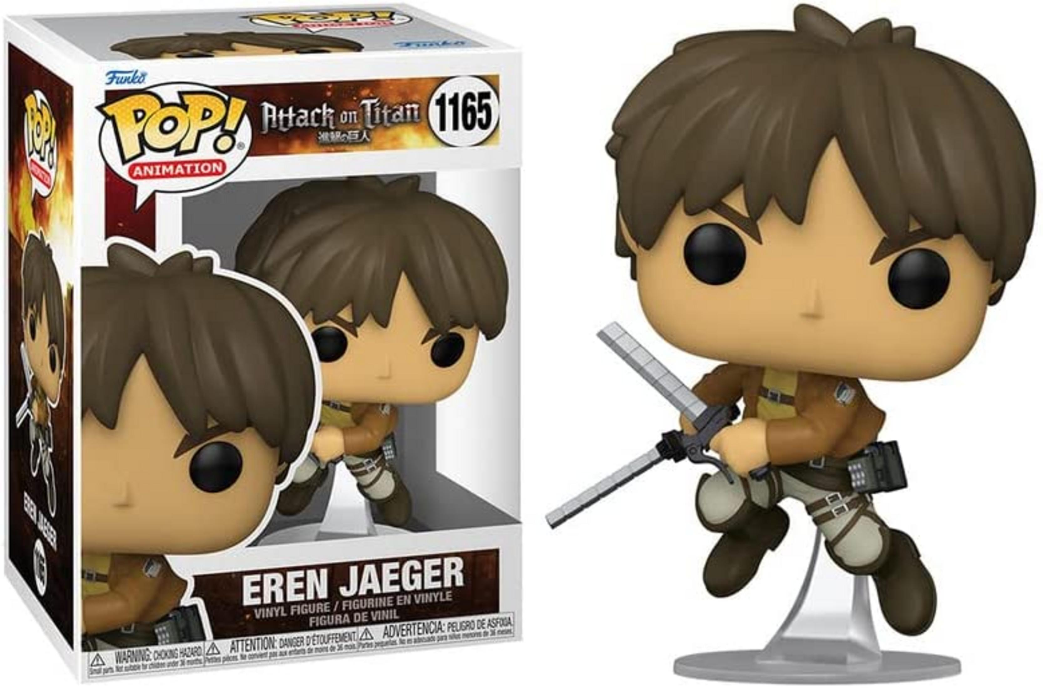 Action figure Funko Pop di Eren Jaeger da Attack on Titan con capelli castani e armi.