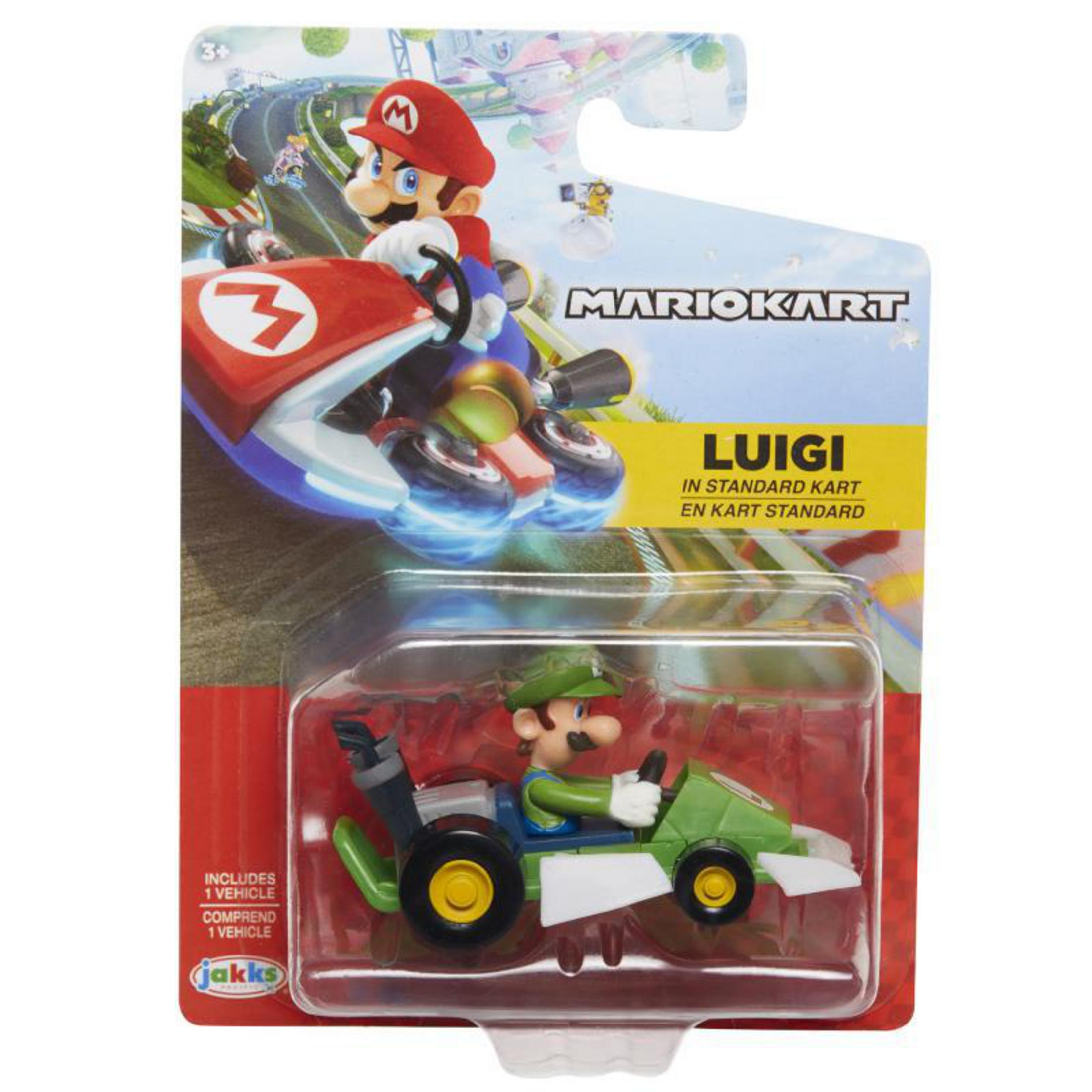 Juguete Mario Kart: Luigi en kart verde al frente; Mario en kart rojo detrás.