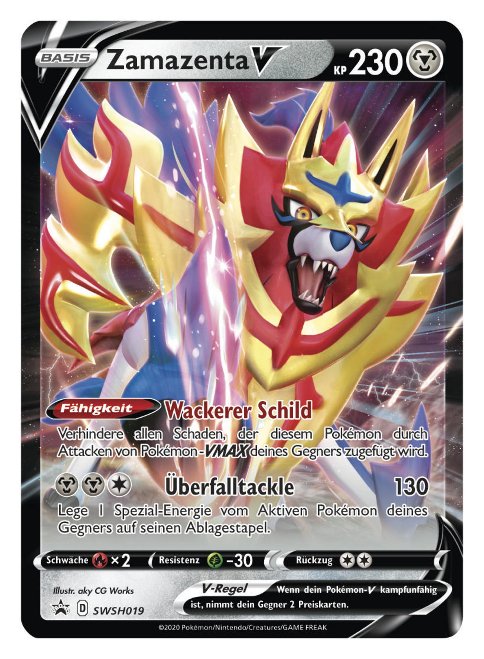 Zamazenta V Pokémon Karte mit rotem, blauem und goldenem Schild, greift an.