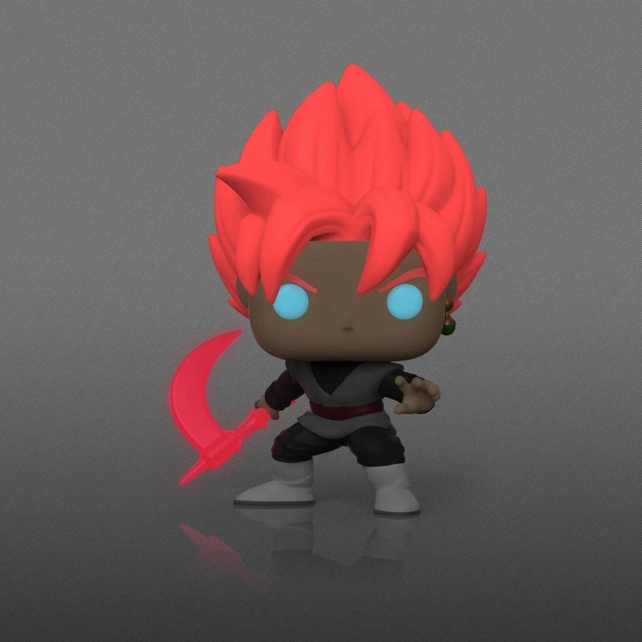 Una figura con capelli rosso vivo, occhi blu e spada rossa simile a una falce.