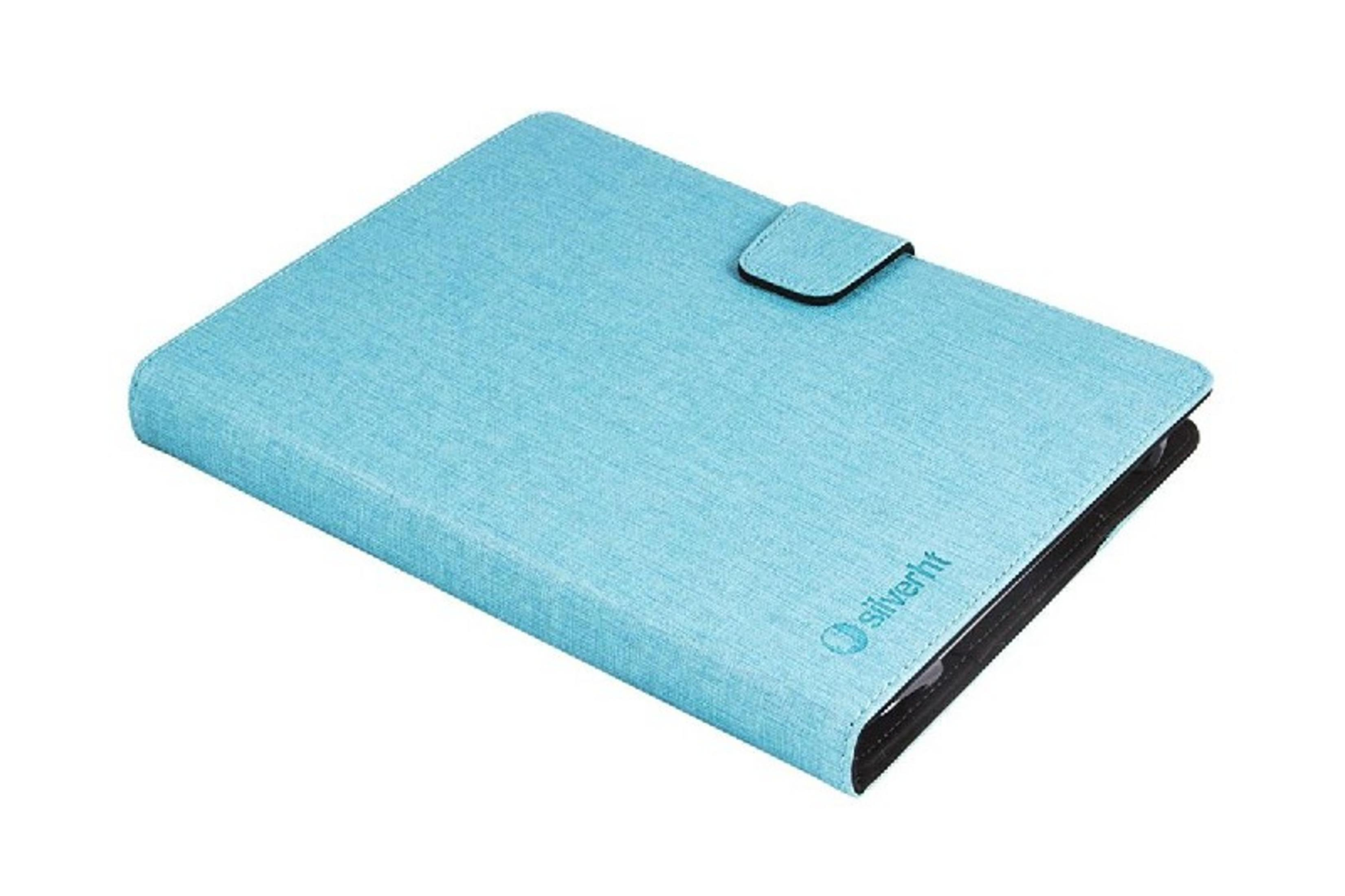 Una funda azul claro para tableta con cierre y logo.