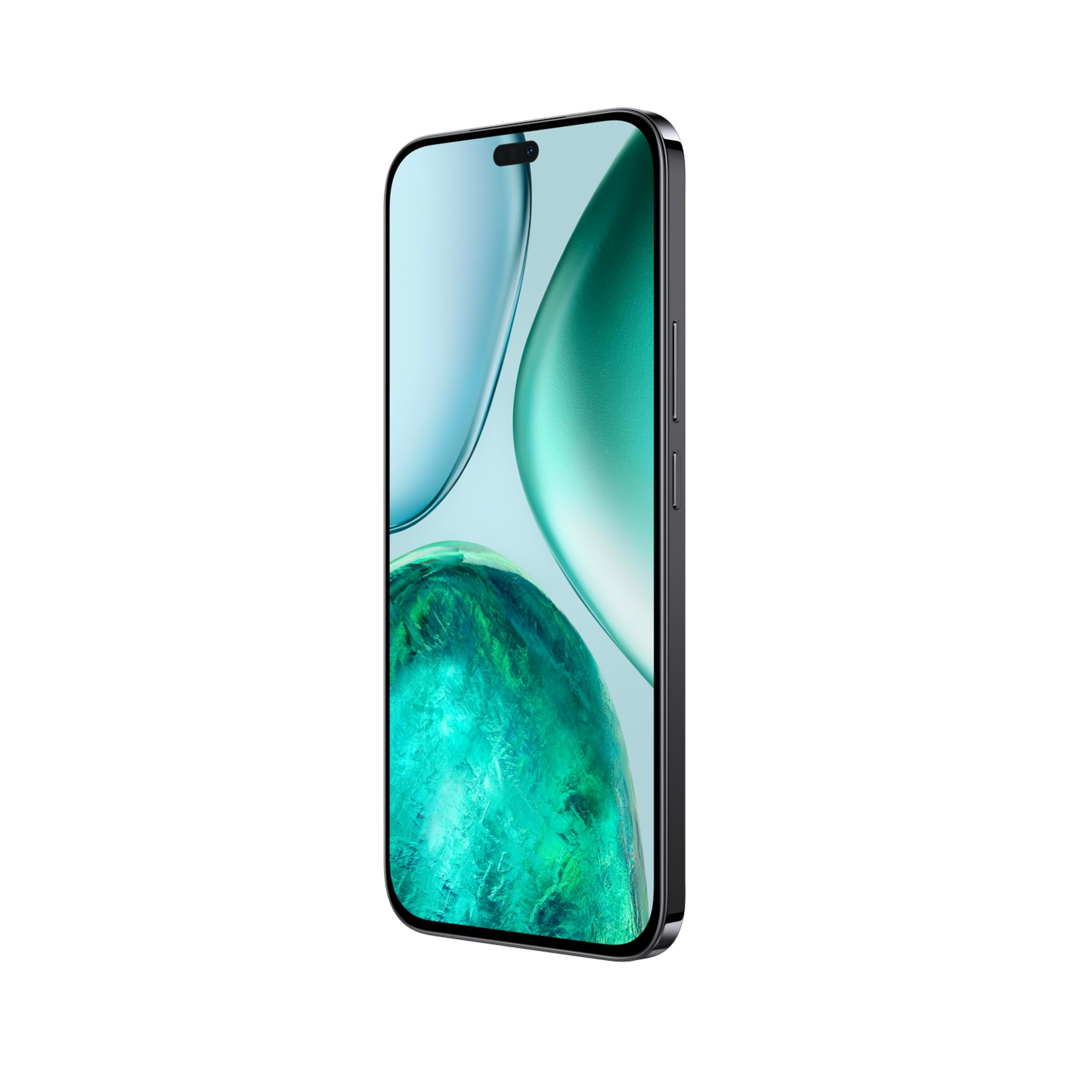 Un smartphone oscuro que muestra un patrón similar a un mineral verde en su pantalla.