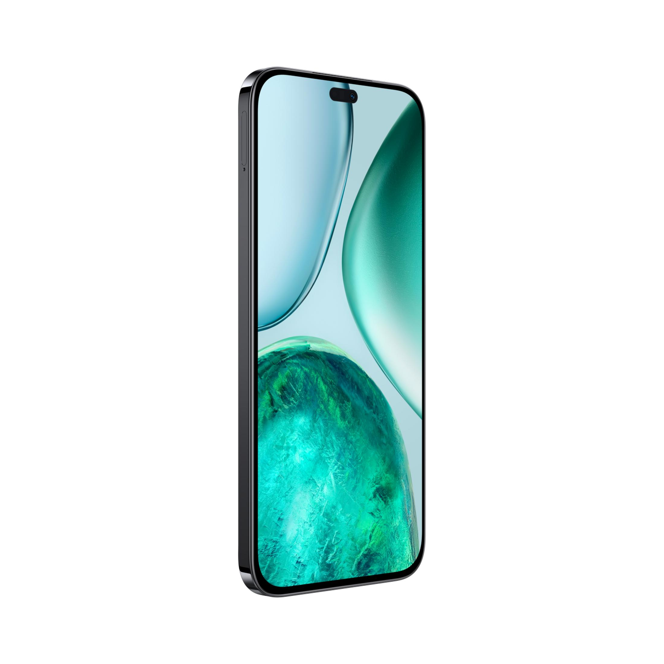 Un smartphone negro con un fondo de pantalla azul y verde.
