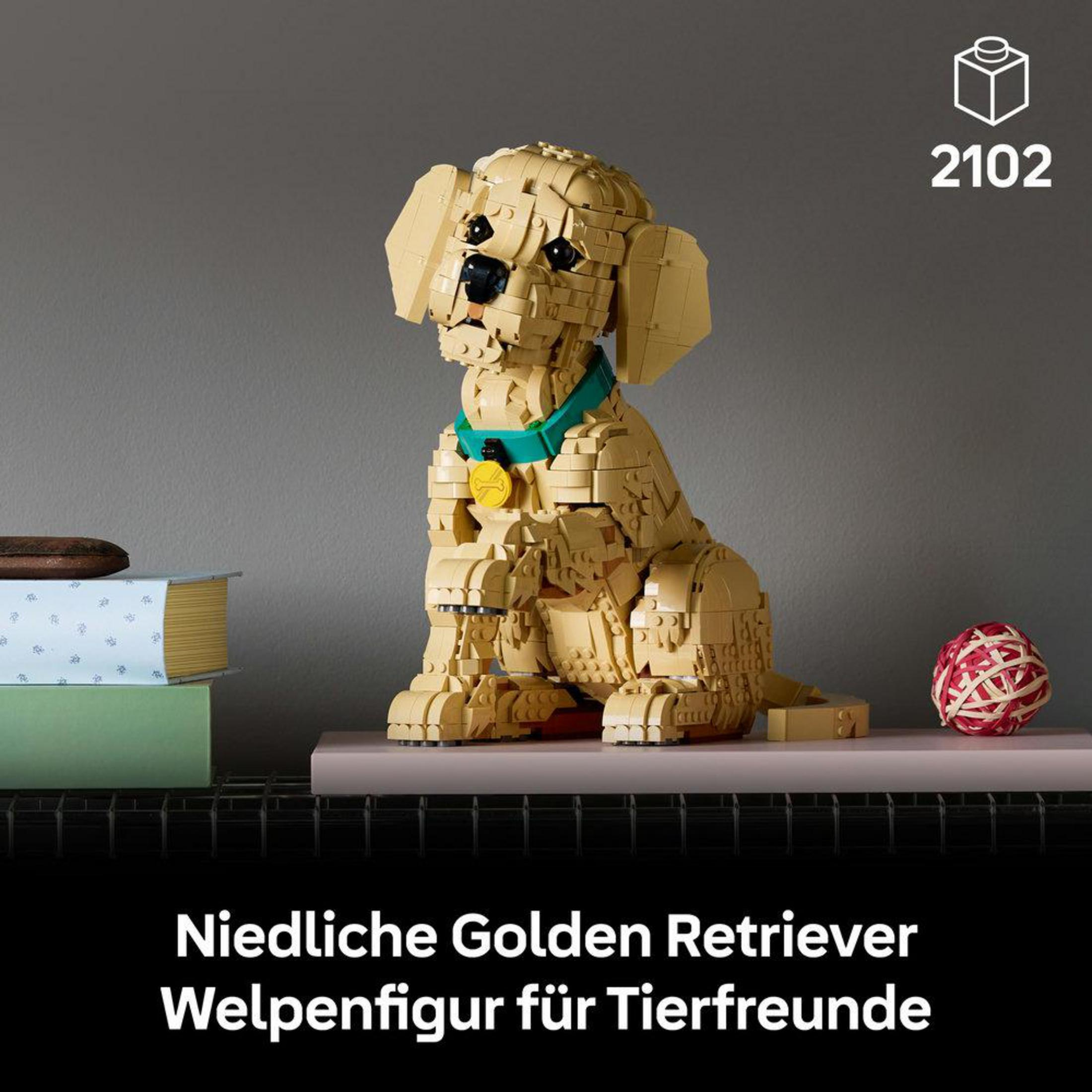 Una figura di cucciolo di golden retriever Lego siede su uno scaffale.