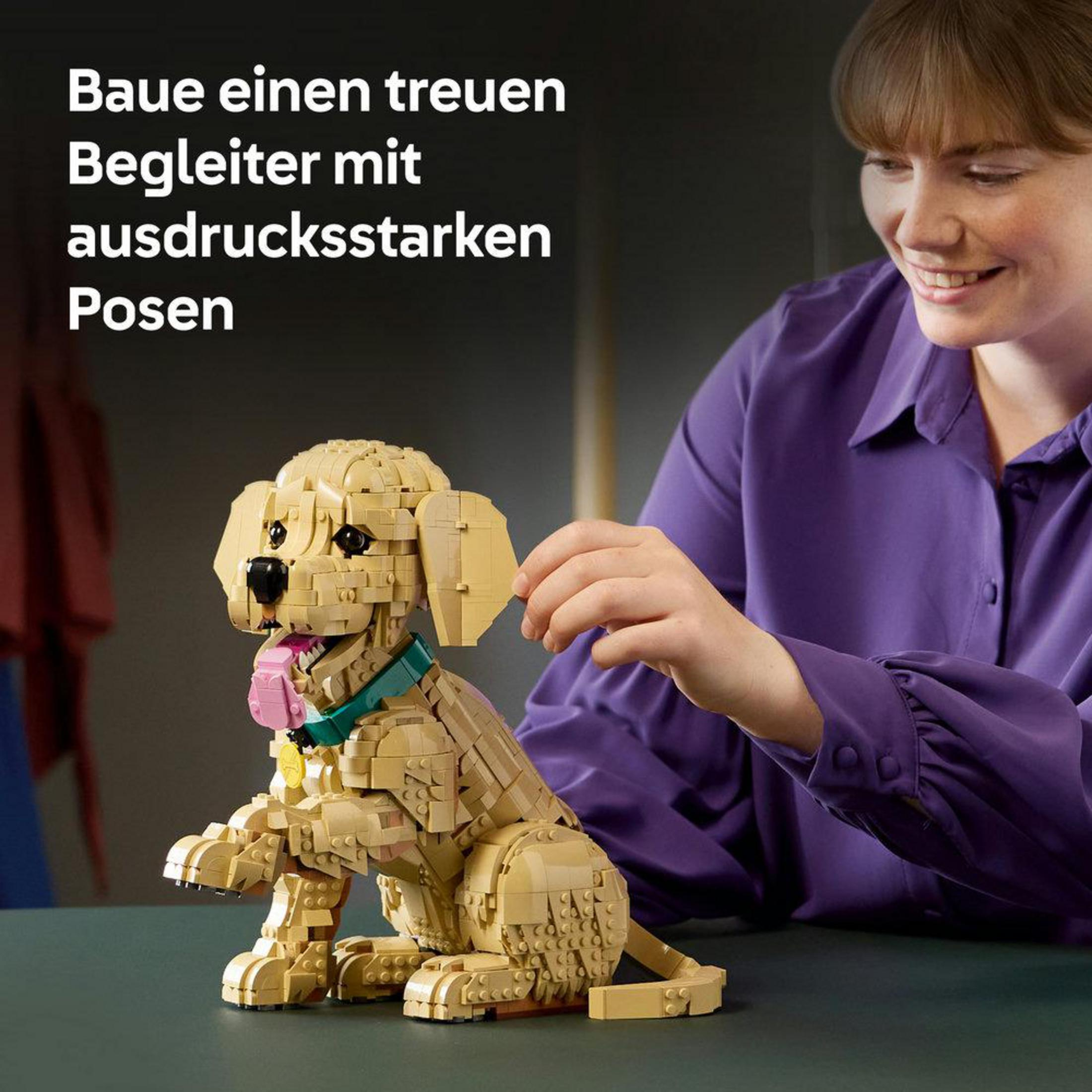 Un cane Lego viene costruito da una donna con una camicia viola.