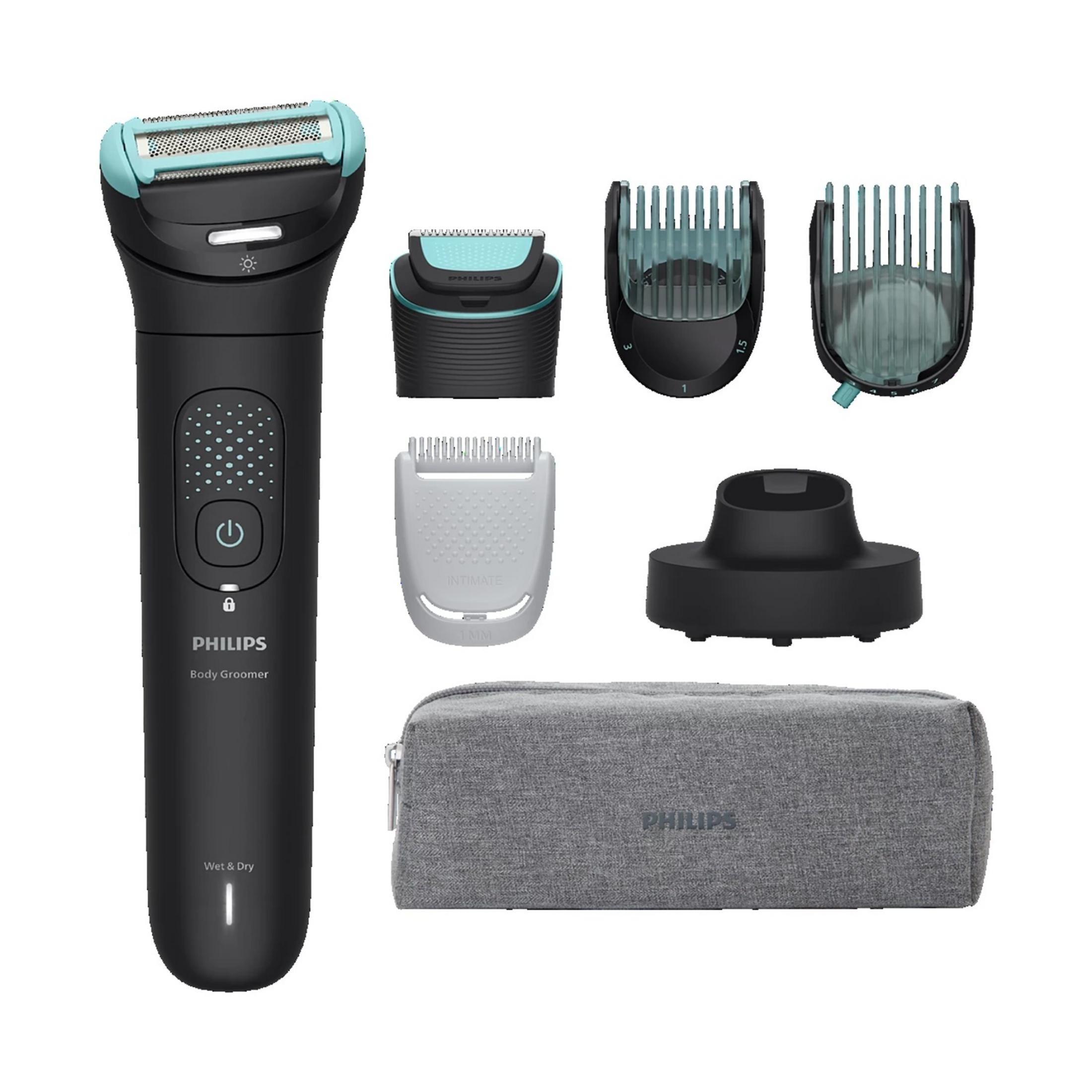 Ein schwarzer Philips Body Groomer mit Zubehör und Tasche.