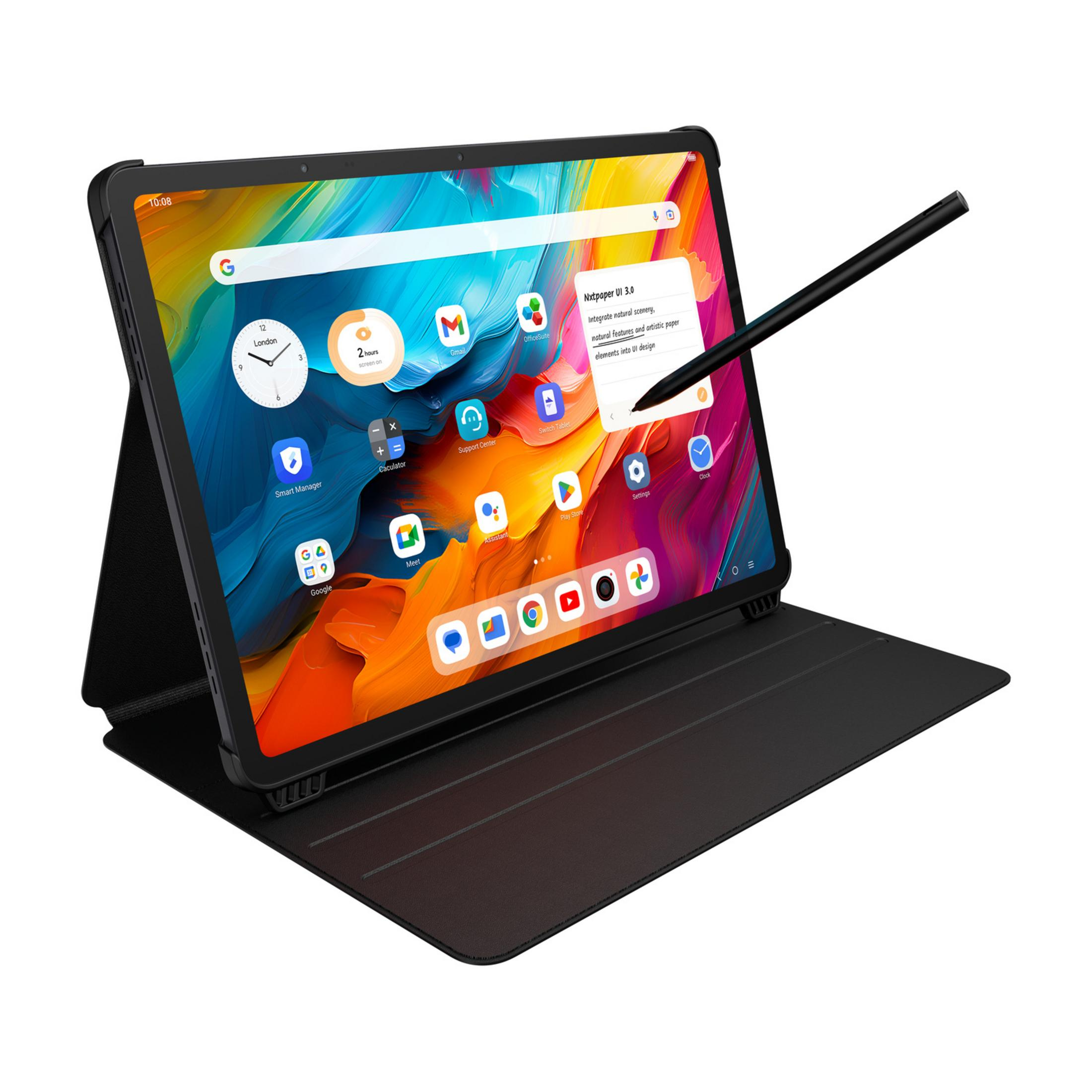 Een zwarte tablet met stylus en hoes die kleurrijke pictogrammen toont.