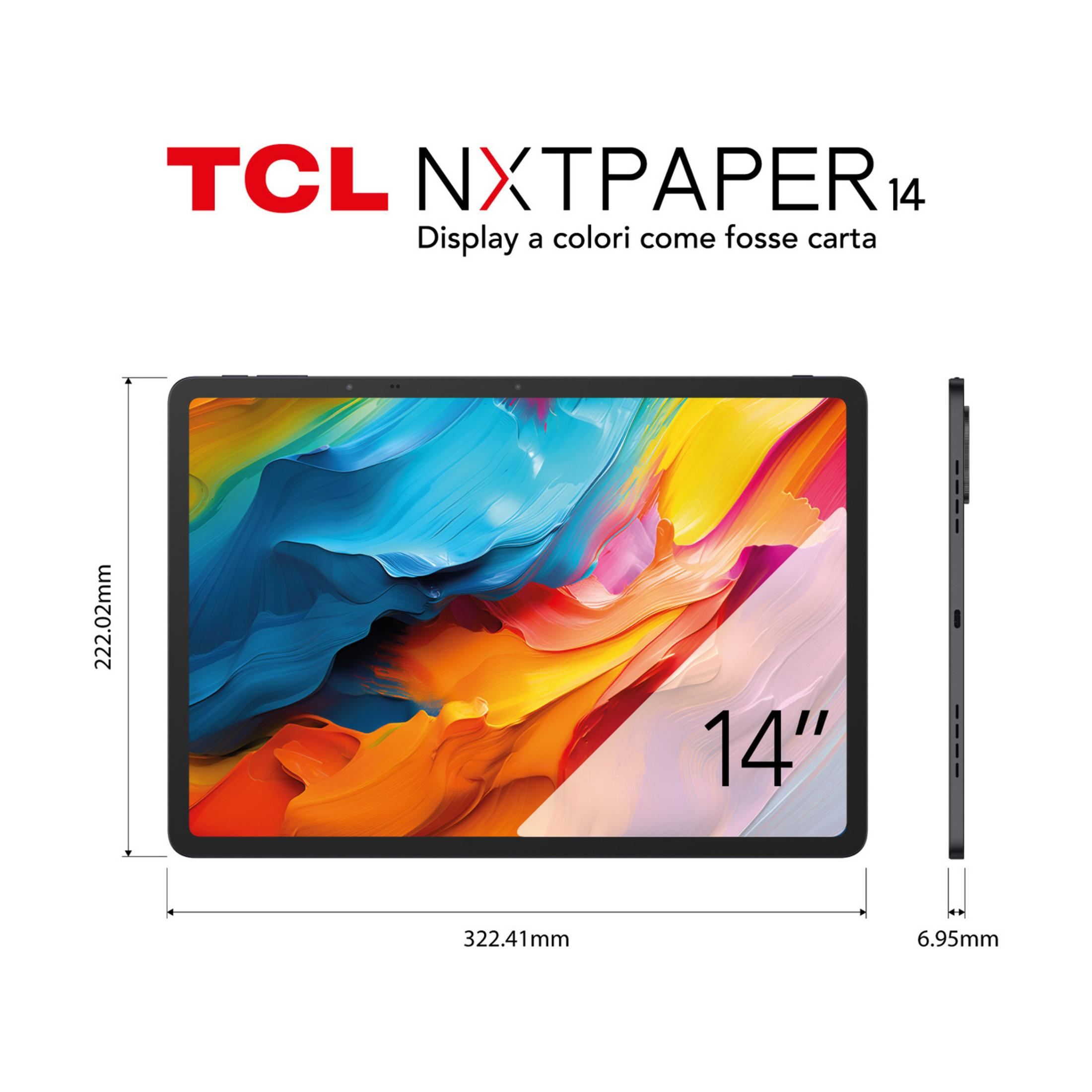 Tablet TCL NXT PAPER 14 con pantalla colorida, 322,41 x 222,02 x 6,95mm.
