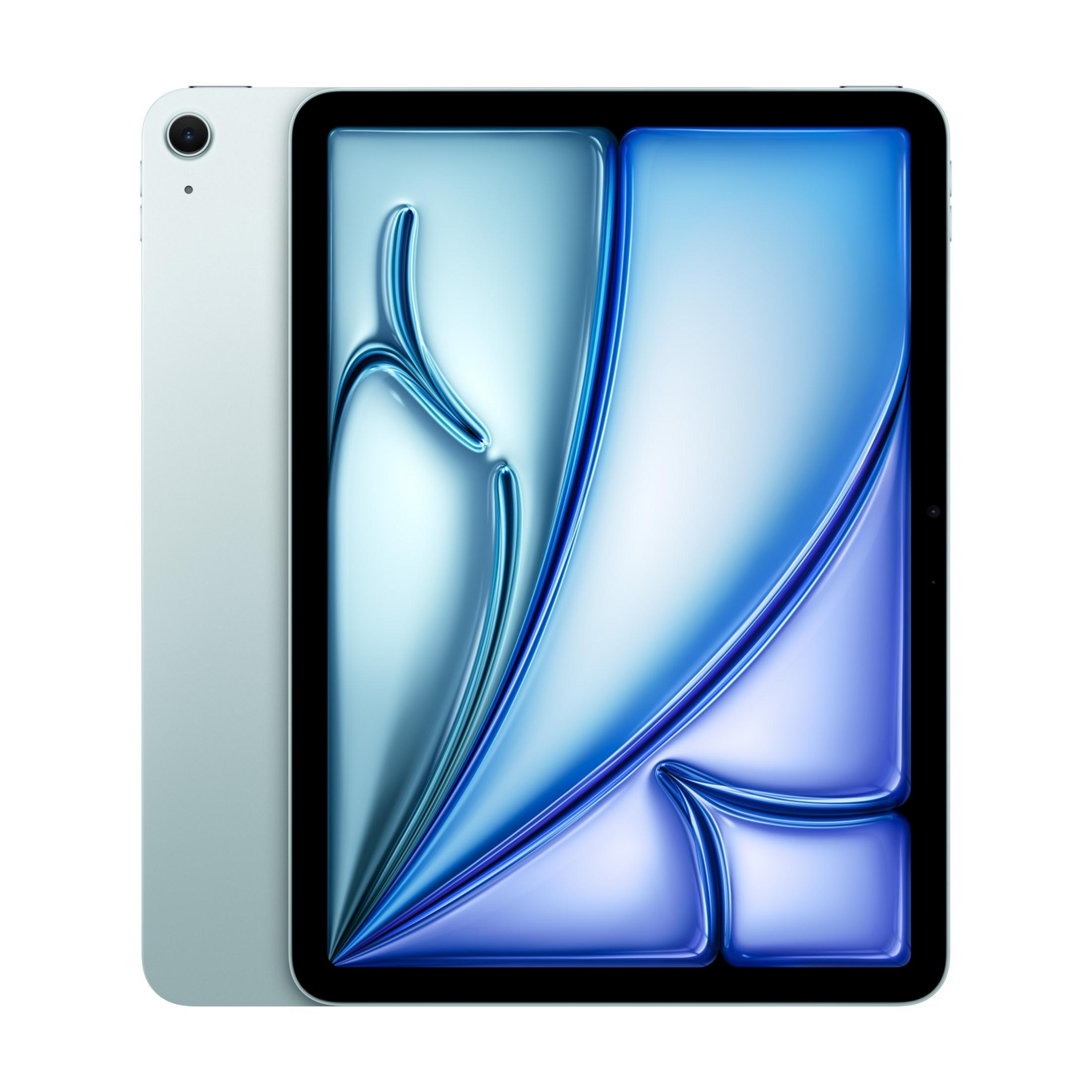 Un tablet azzurro con schermo scuro che mostra un design astratto blu e azzurro.