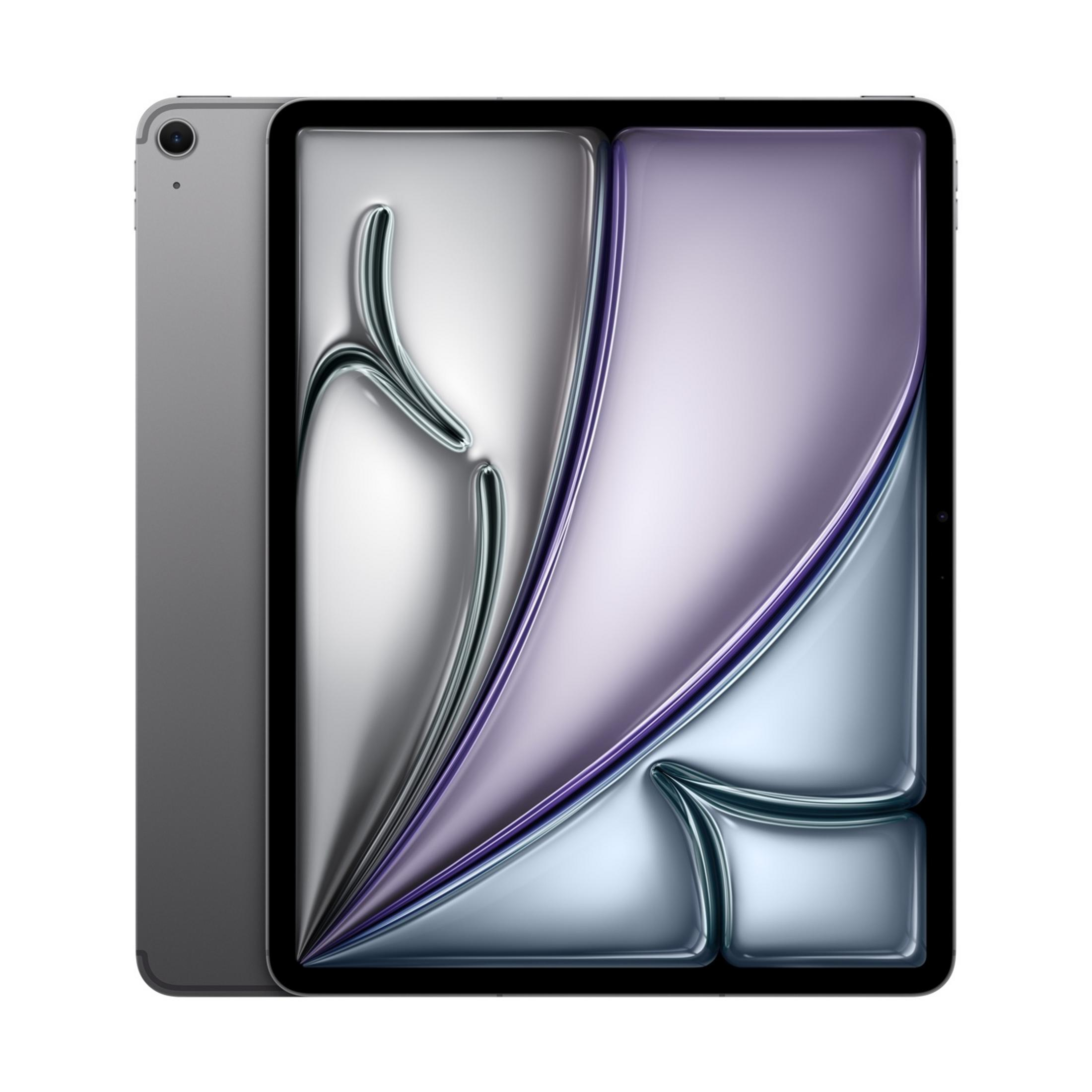 Un tablet argento con un design stilizzato e liquido dello schermo in viola e blu.