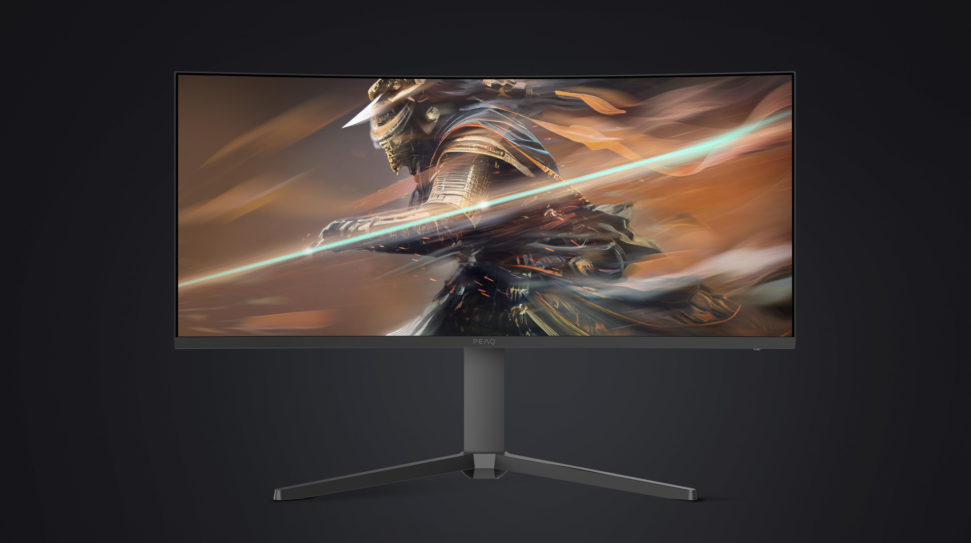 Ein gebogener Monitor zeigt ein Bild eines Samurai mit leuchtendem Lichtstrahl.