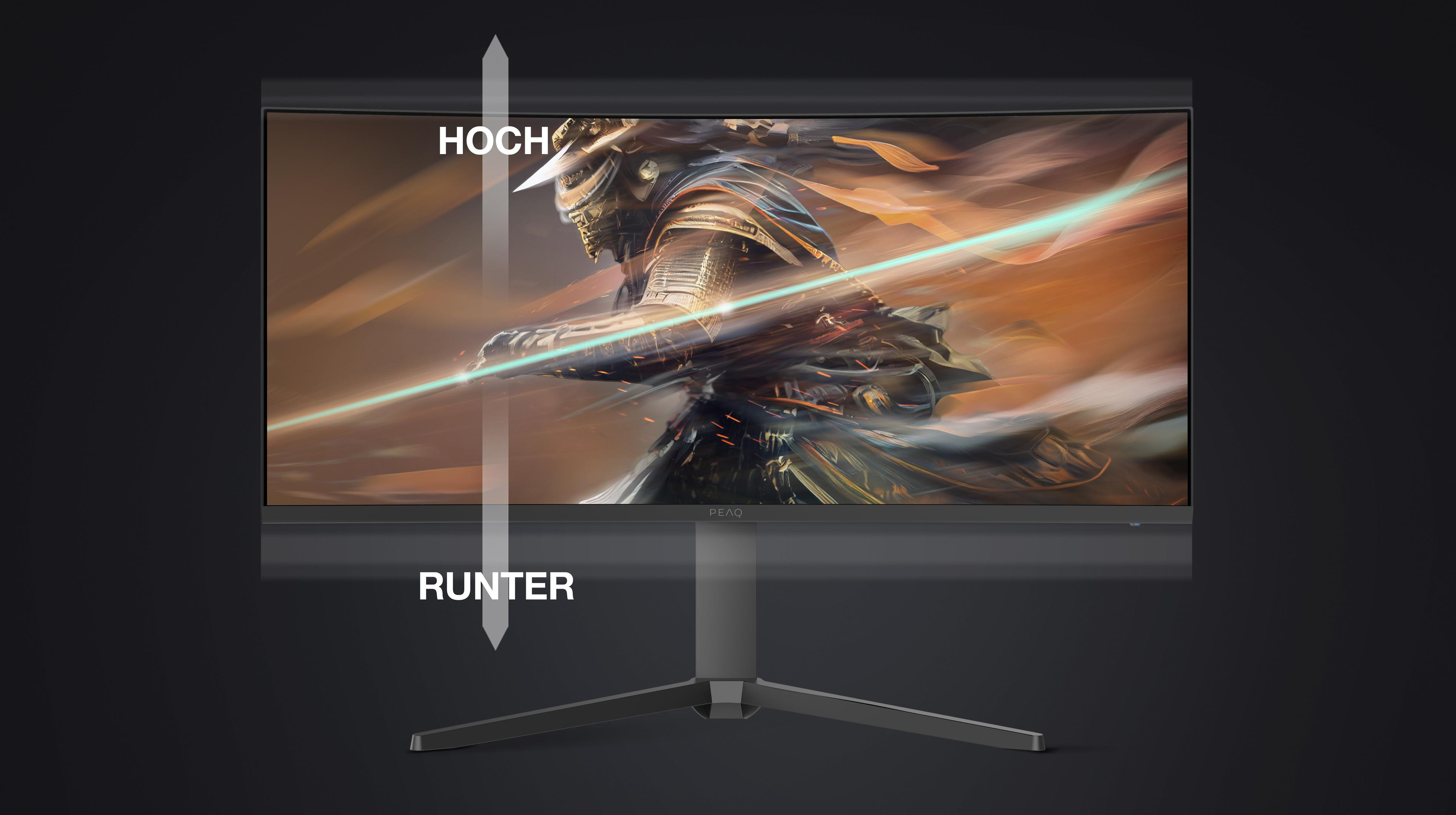 Ein Monitor zeigt ein Bild eines Samurai mit einem Schwert, mit "HOCH" und "RUNTER" beschriftet.