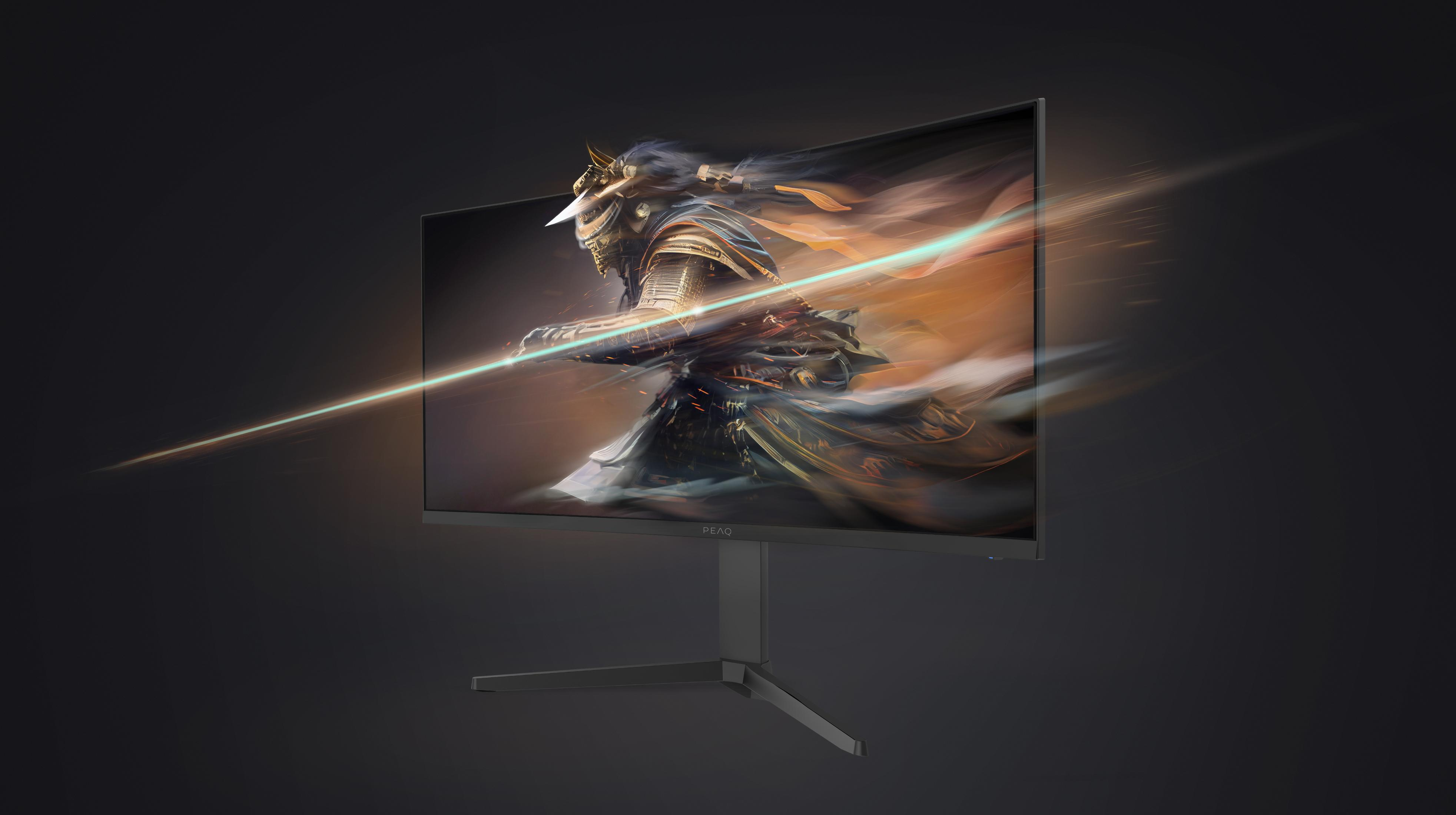 Ein Gaming-Monitor zeigt ein Bild eines Samurai-Kriegers mit leuchtendem Schwert.