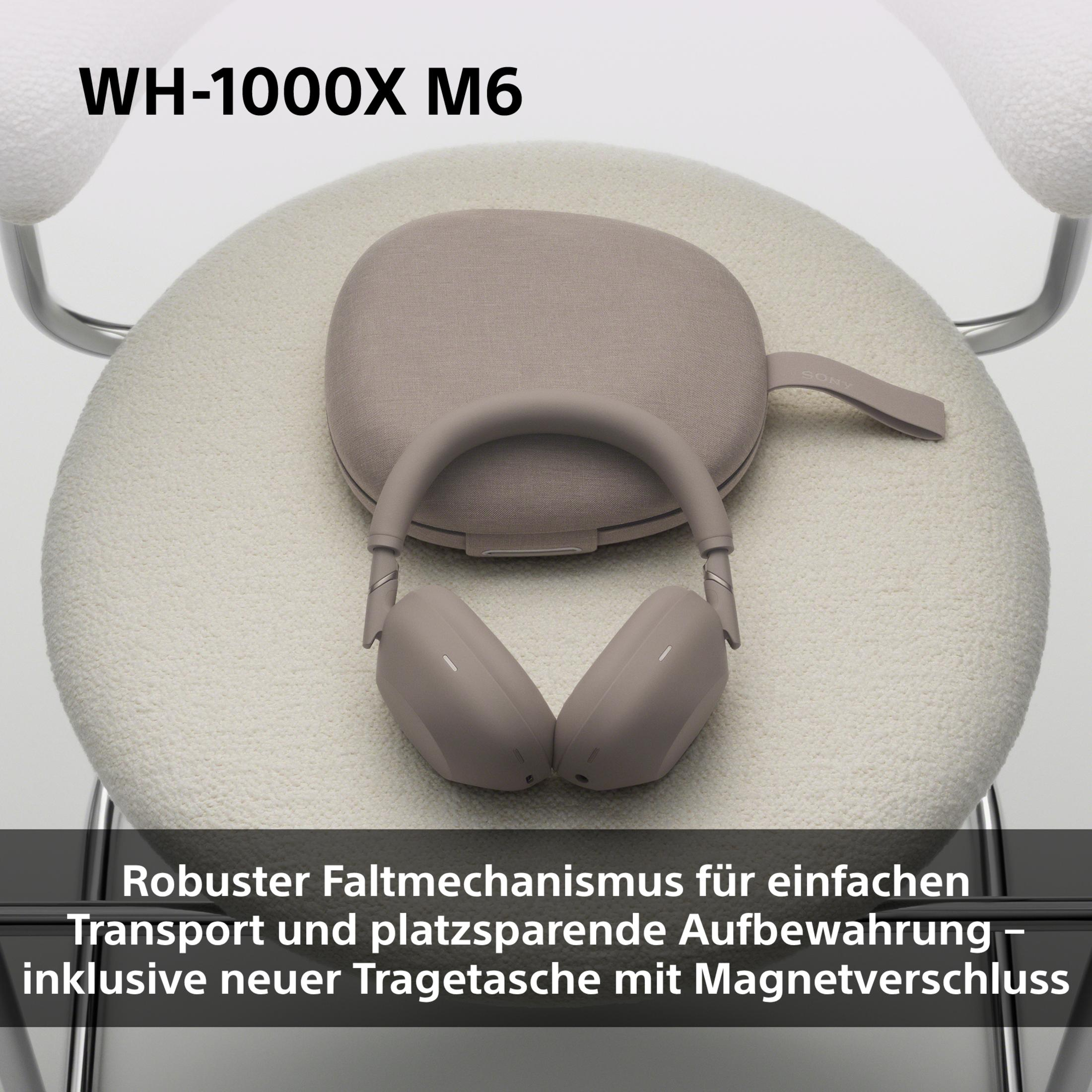 Cuffie Sony WH-1000X M6 grigie con custodia abbinata su una sedia.