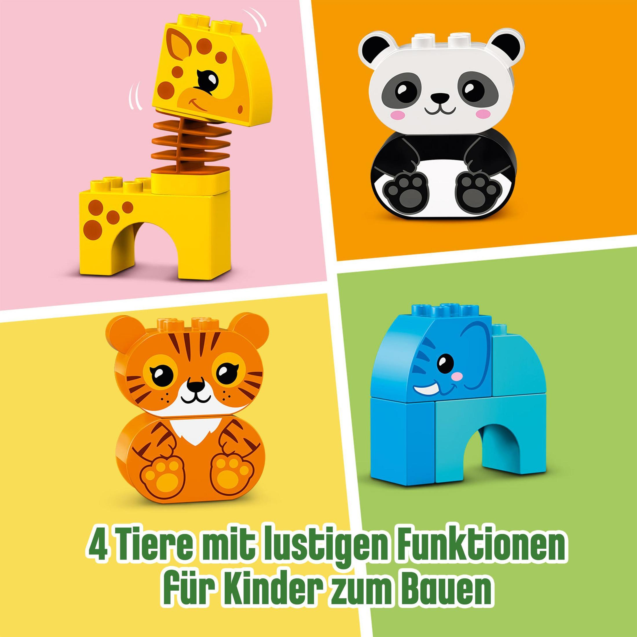 Vier bunte Bausteintiere: Giraffe, Panda, Tiger und Elefant.