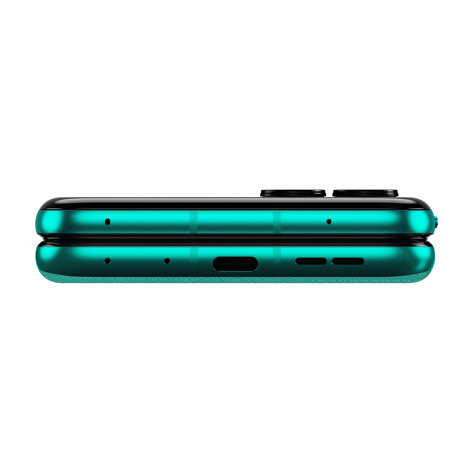 Detailansicht eines tealfarbenen Smartphones, das auf der Seite liegt. Ports und Knöpfe sind sichtbar.