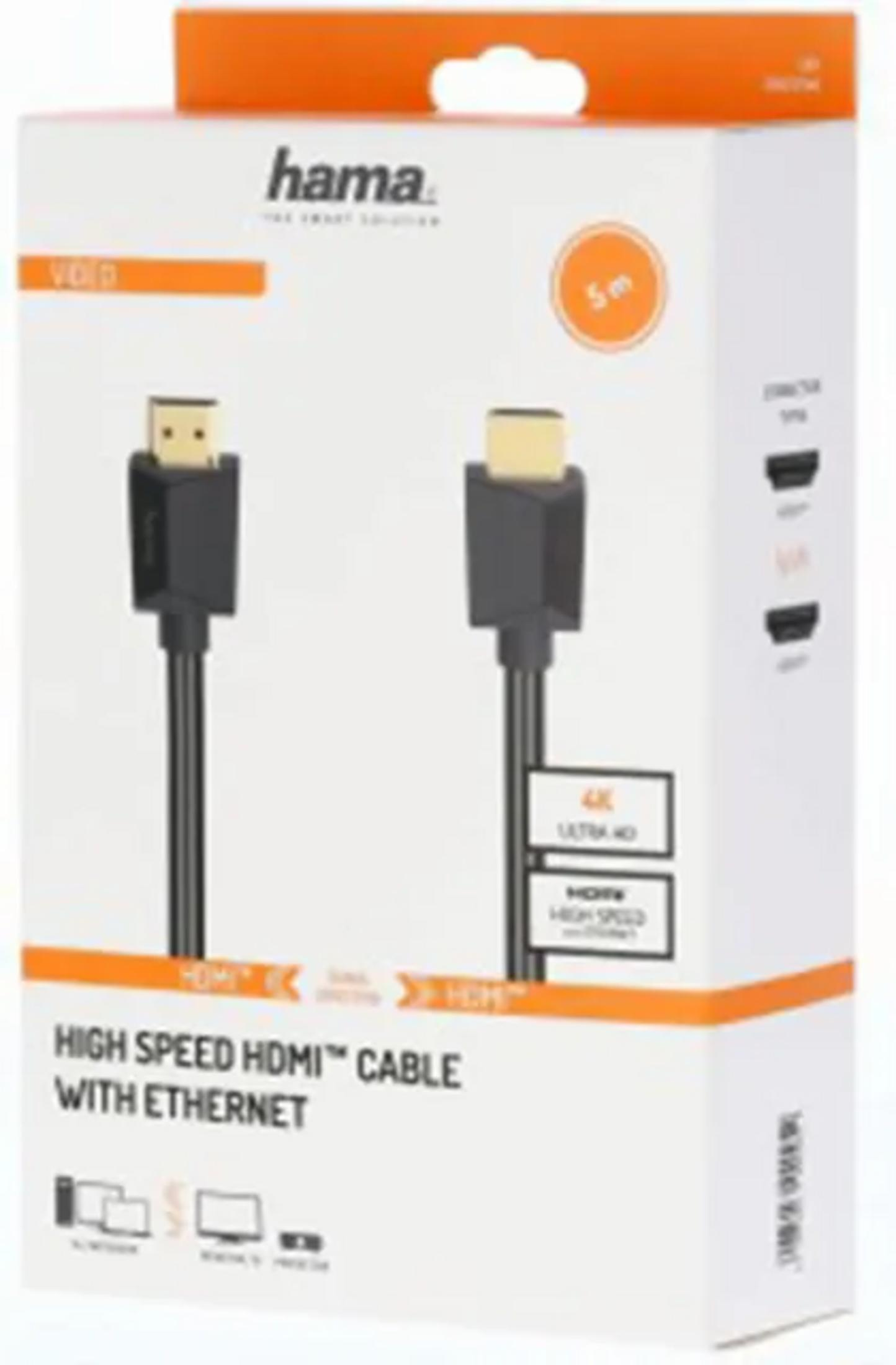 Caja mostrando cable HDMI Hama de alta velocidad con ethernet, 5m, 4K UHD.