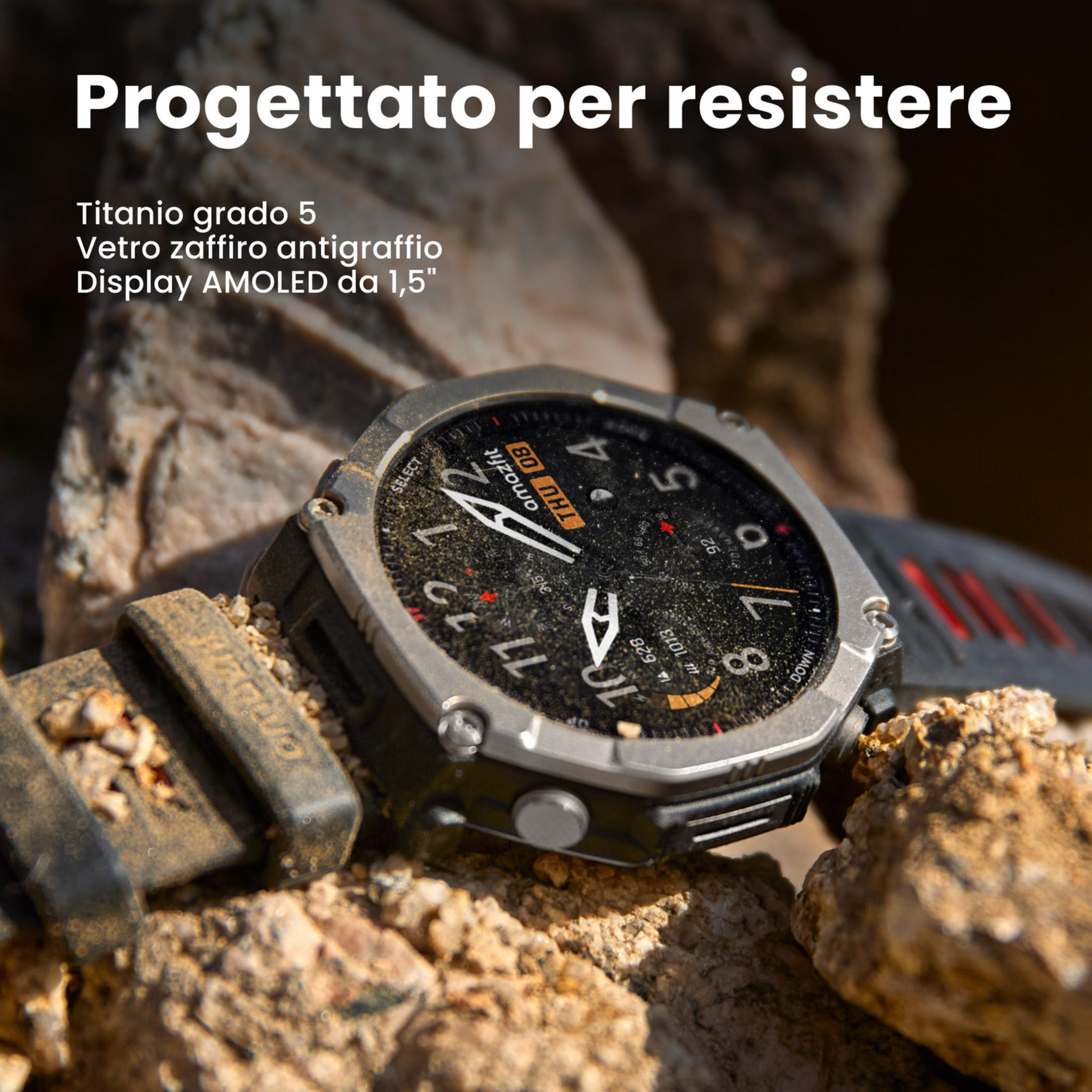 Eine staubige Smartwatch mit silbernem Gehäuse und schwarzem Zifferblatt liegt auf Felsen.