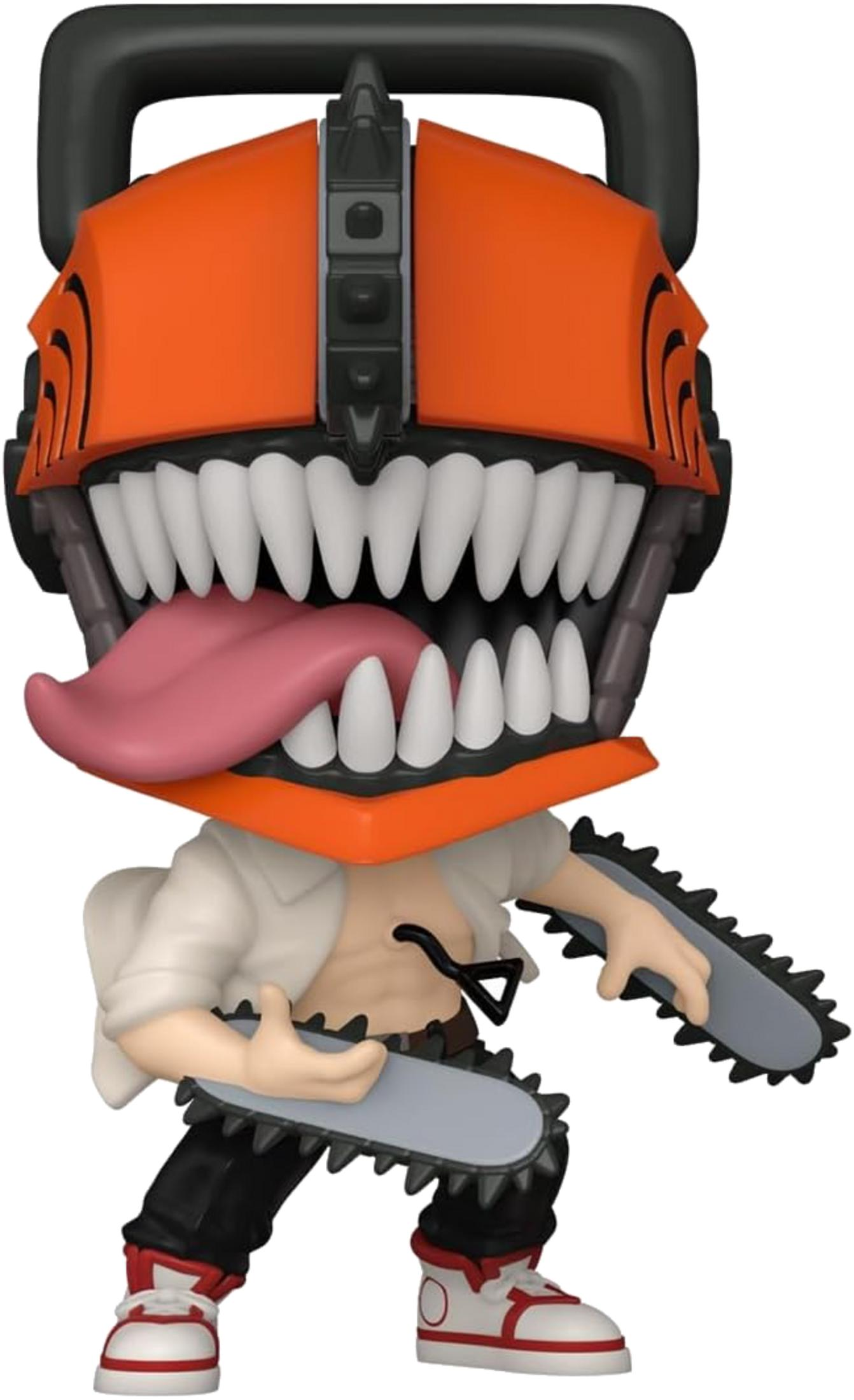 Eine orangefarbene Figur mit Kettensägenkopf, Zunge und Waffen hält zwei Kettensägen.