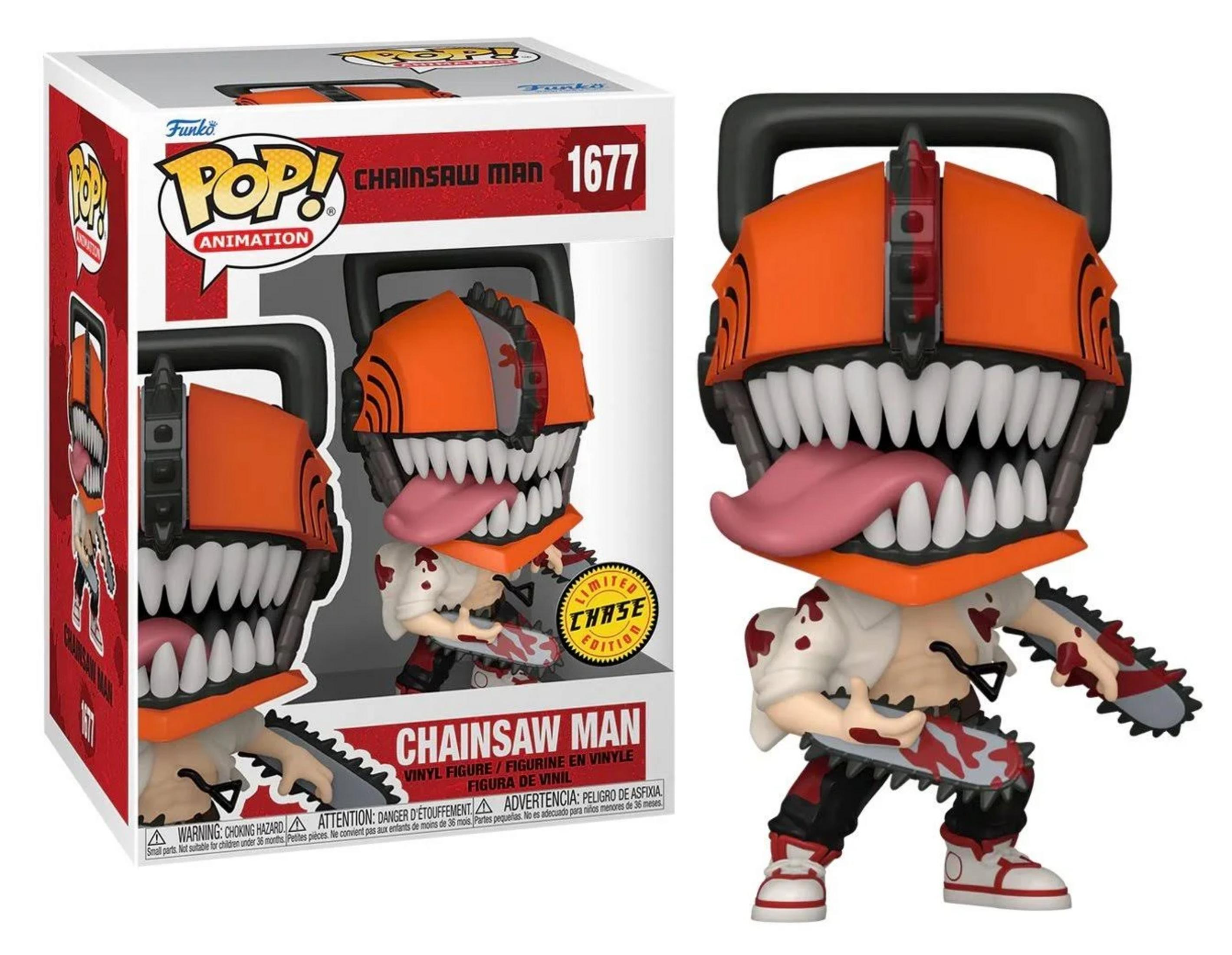Funko Pop! Figur von Chainsaw Man mit Sägeketten, blutigem Hemd und offenem Mund.