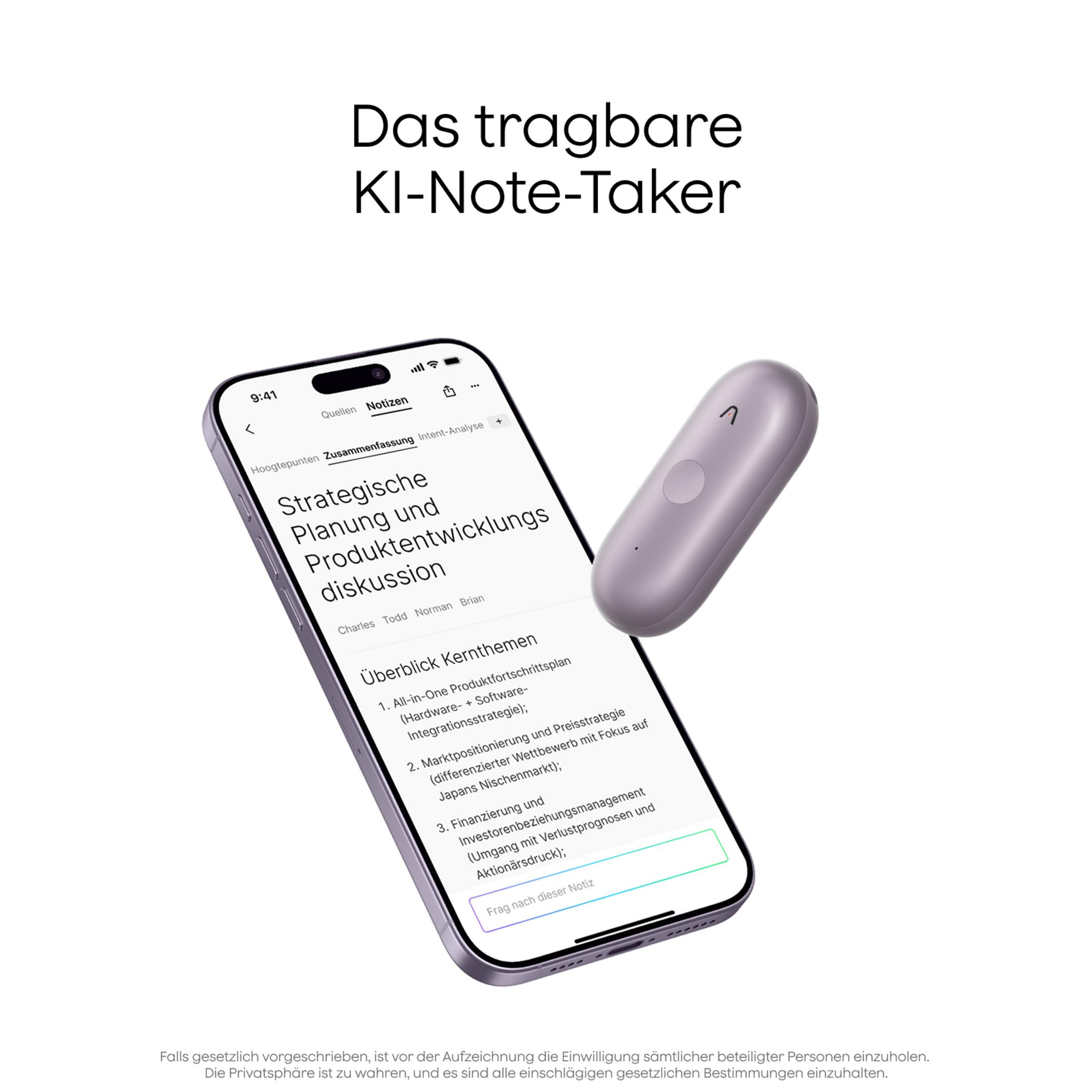 Ein Smartphone zeigt eine Notiz mit "Strategische Planung" und daneben ein KI-Aufnahmegerät.